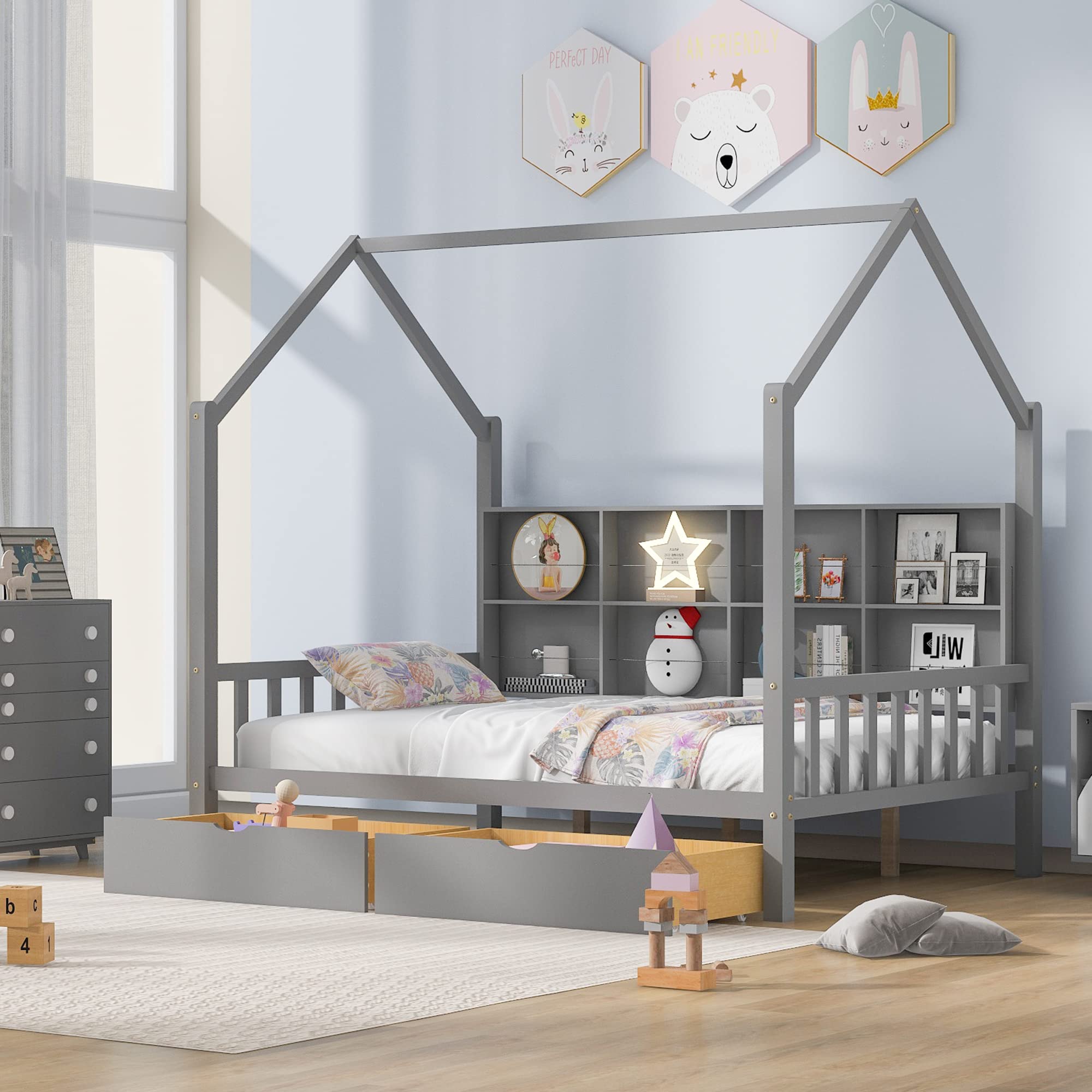 Merax Full Size Wooden House Bed with 2 Drawers & Storage Shelf - Roof Design Kids Bed Frame for Boys & Girls, Gray - Perfect for Small Bedrooms & Playroom Decor
