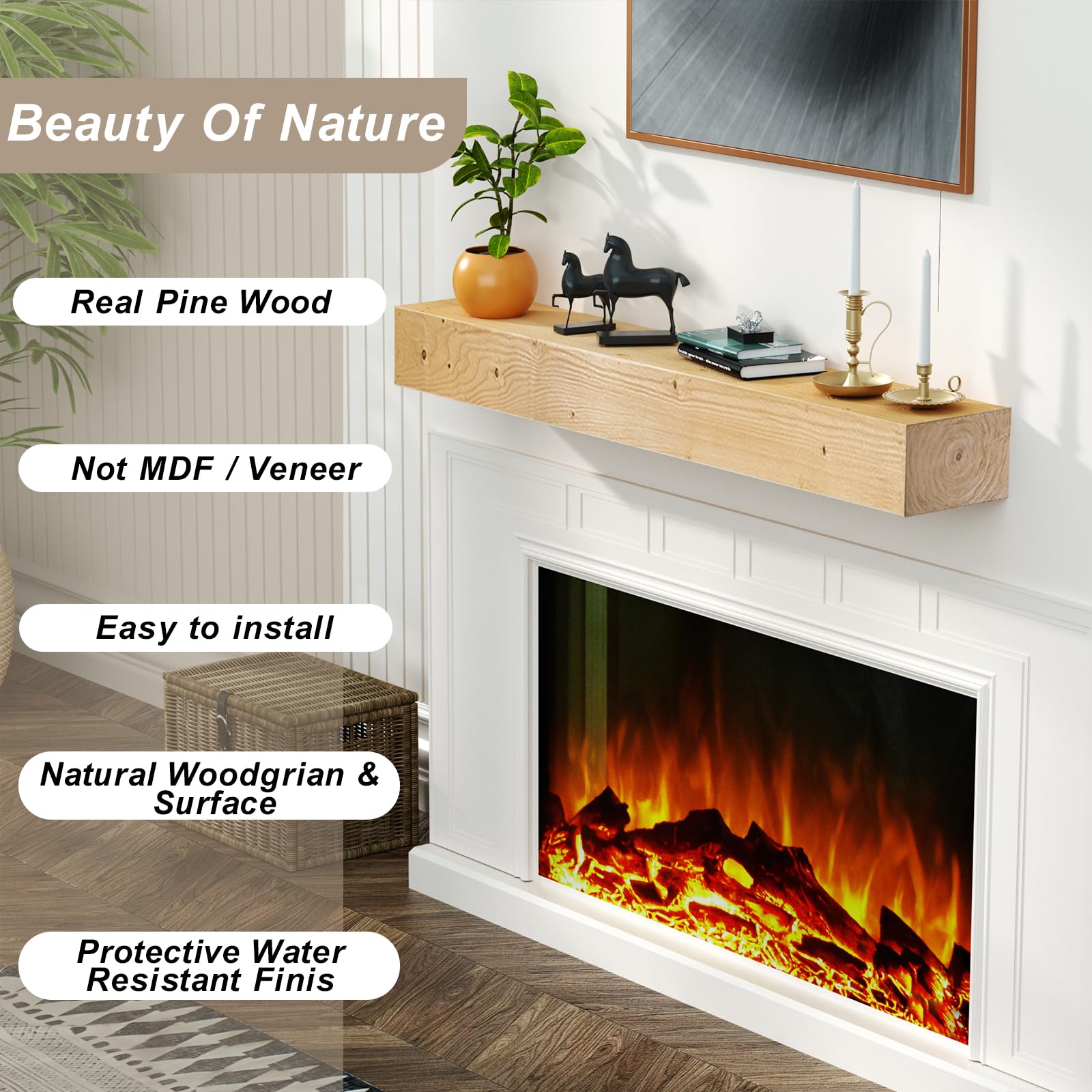 LOVMOR 60-Inch Floating Fireplace Mantel Shelf - Natural Wood Wall Mounted Mantle with 4 Shelves for Fireplace Decor (48