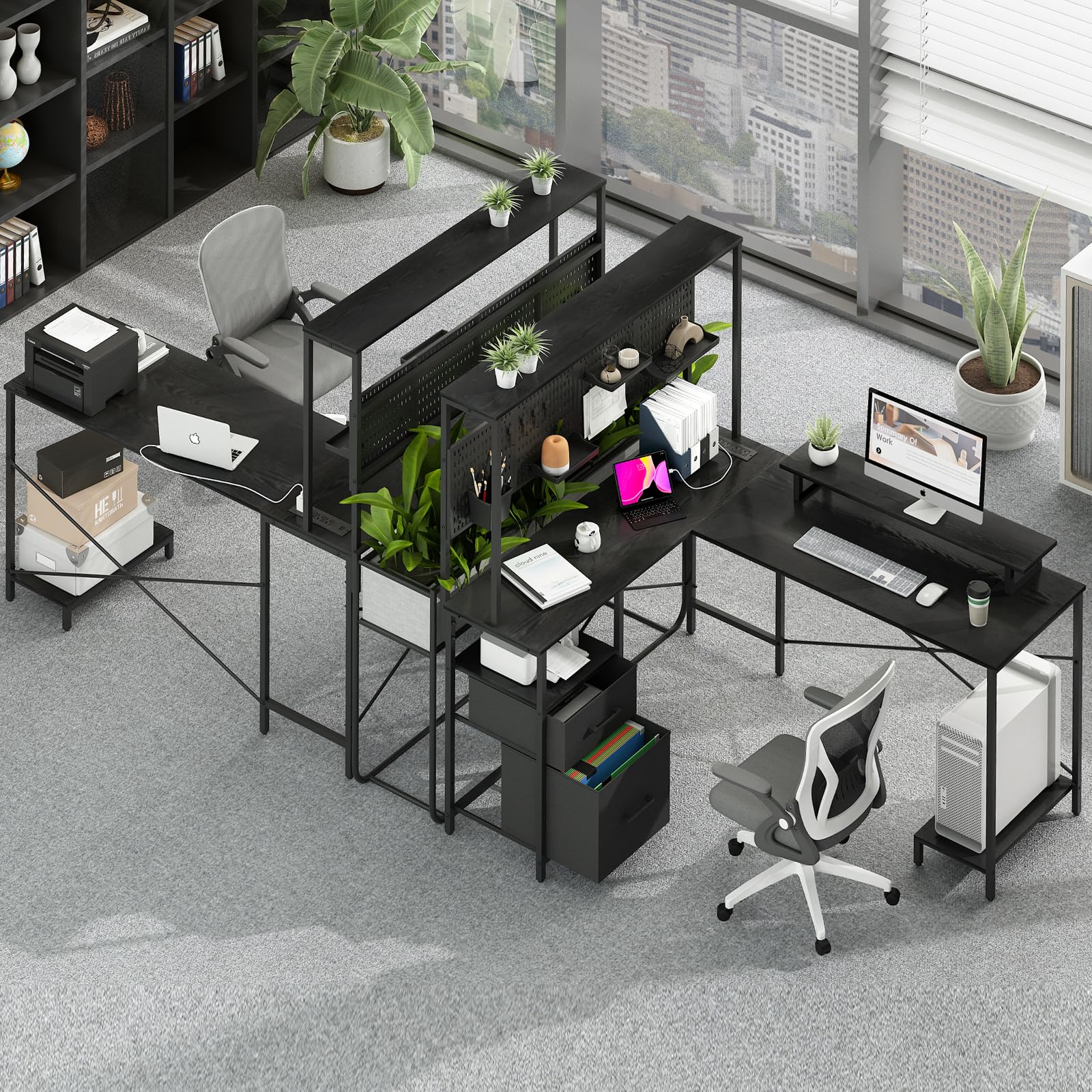 Yoobure L-Shaped Desk with Pegboard & LED Lights - Reversible Computer Desk with Drawers, Storage Shelves & Power Outlets - Gaming & Office Desk with Monitor Stand - Perfect for Home Office, Study & Workspace Setup