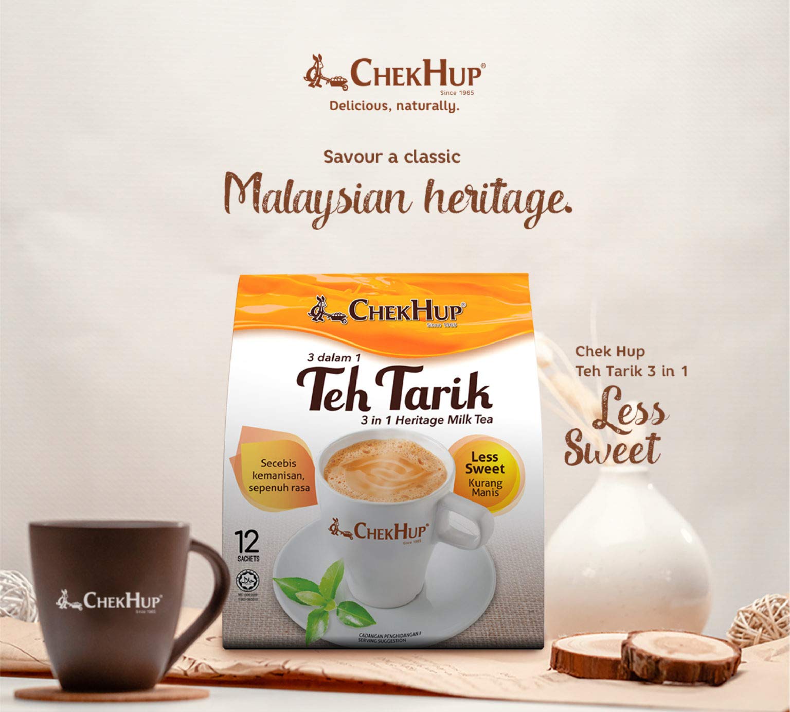 Chek Hup 3-in-1 Teh Tarik Less Sweet Milk Tea Powder - 12 Sachets (6 Pack) - Authentic Malaysian Instant Tea for Home, Office & Travel Use