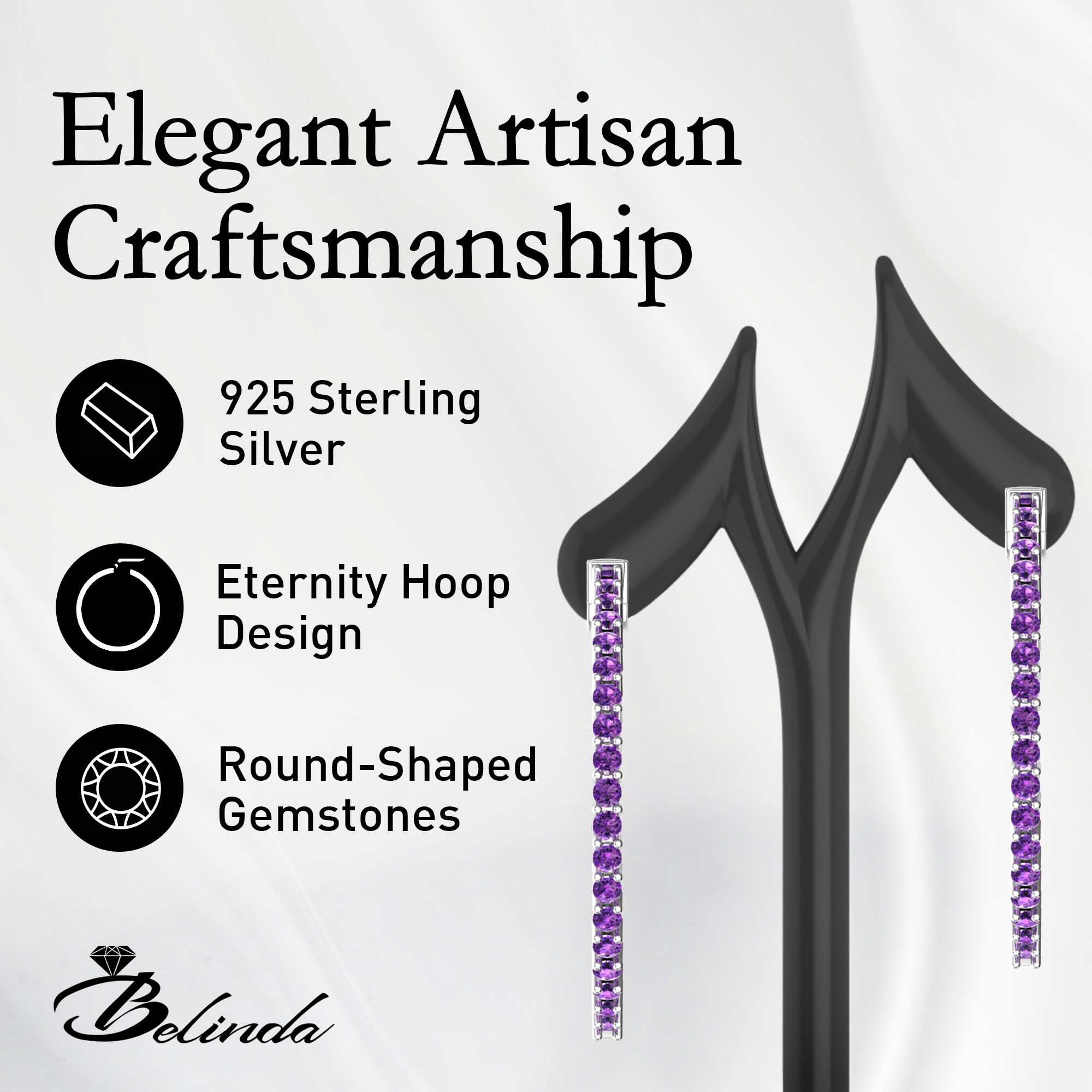 62 Colored Gemstone Hoop Earrings for Women - 925 Sterling Silver Birthstone Eternity Earrings with Push Back Closure (1.73