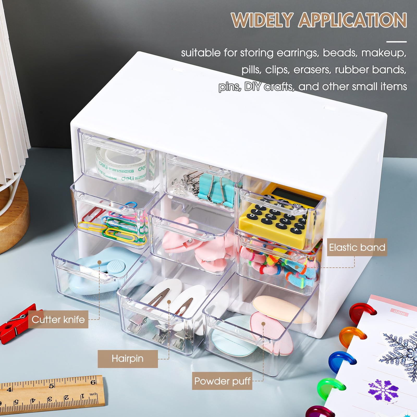 Amyhill 6-Piece Mini Drawer Organizer Set - 9-Drawer Plastic Desktop Storage Box for Office, Home, Jewelry, Cosmetics & Craft Supplies (White) | Perfect for Desk Organization, Makeup Storage & Small Item Collection