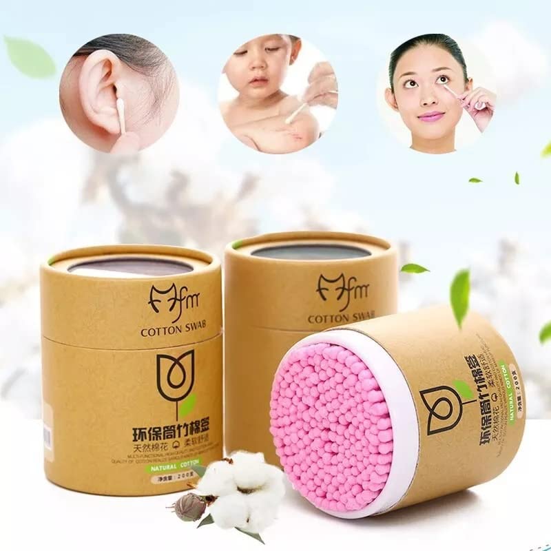 JIAVAXA 200 Pcs (400 Swabs) Bamboo Cotton Ear Buds - Soft, Non-Toxic, Biodegradable Ear Wax Cleaning & Makeup Removal Swabs for Adults & Babies | 100% Organic Cotton | Perfect for Ear Care, Cosmetic Application & Baby Hygiene