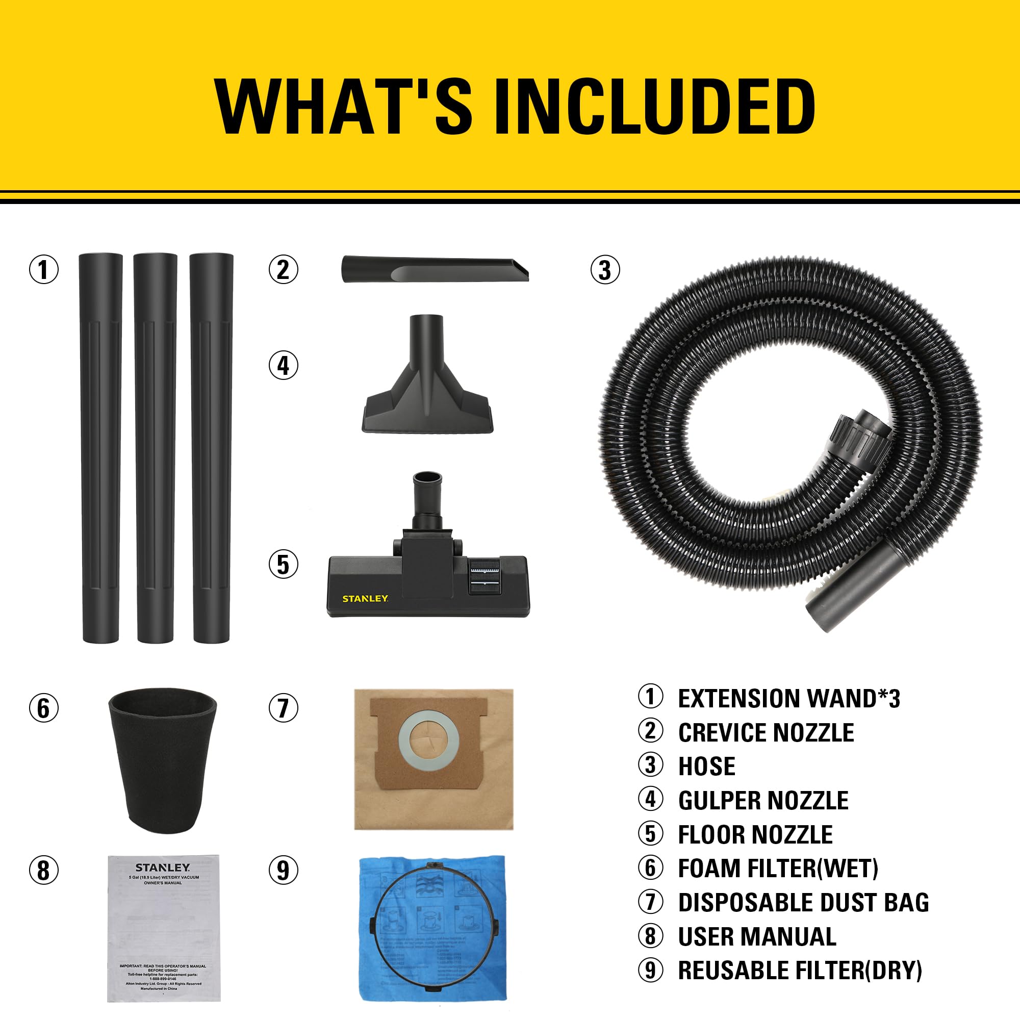 Stanley 4 Gallon Wet/Dry Vacuum Cleaner - 4 Peak HP Stainless Steel Shop Vac with Blower Function | Powerful 3-in-1 Design for Home, Garage, Car, Workshop & Pet Hair Cleaning | Durable Silver/Yellow/Black Design for Heavy-Duty Use in Construction, DIY Projects & Auto Detailing