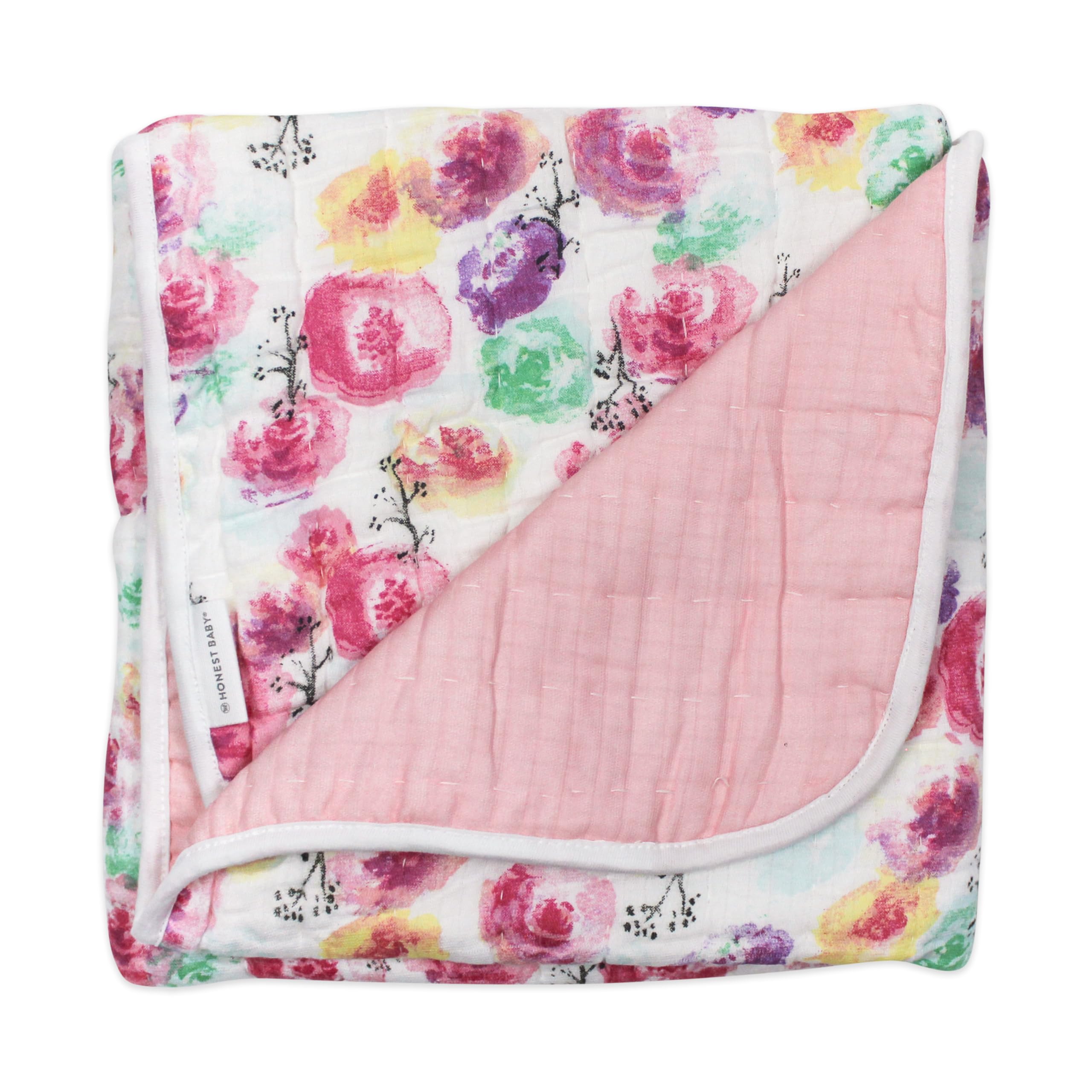HonestBaby Quilted Baby Blankets - Reversible Organic Cotton Blanket for Infant Boys & Girls, Unisex, Rose Blossom Pink - Soft & Breathable Nursery Blanket for Swaddling, Stroller, Crib & Playtime
