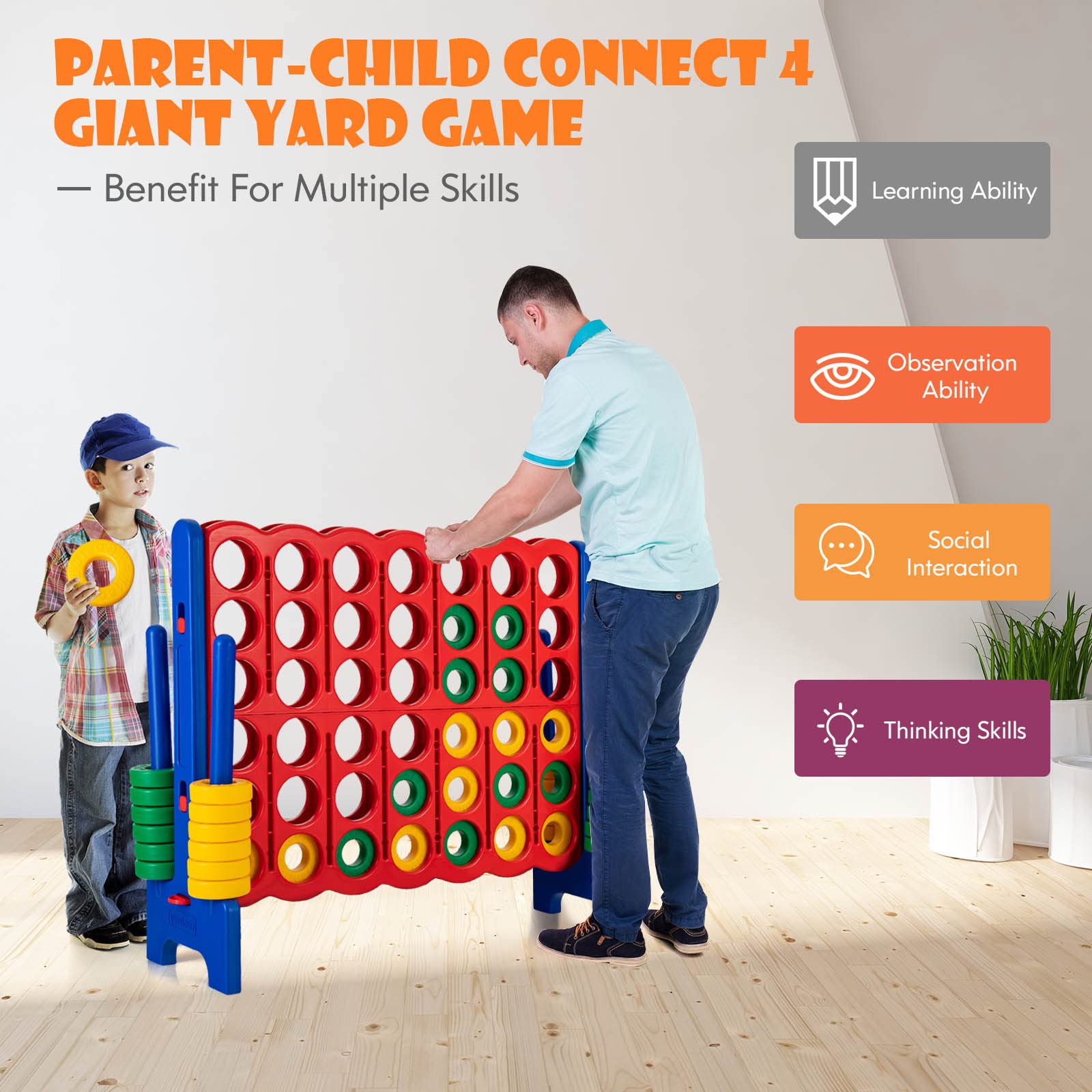 HONEY JOY Jumbo 4-to-Score Giant Game Set - Outdoor Yard Games for Family & Friends - 42 Large Rings with Quick-Release Slider - 3.5FT Tall 4-in-A-Row Connect Game for Kids & Adults - Perfect for Backyard Parties, Picnics, and Outdoor Gatherings