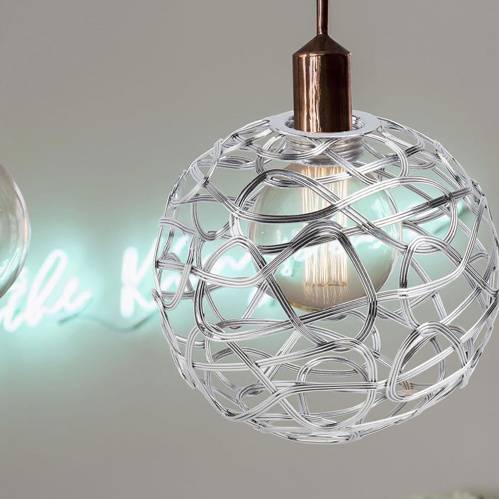 DOITOOL Metal Cage Rattan Lamp Shade - Decorative Globe Clip-On Chandelier Light Cover for Ceiling Pendant, Table, Wall & Floor Lamps (Silver) - Perfect for Living Room, Bedroom, Dining Room & Office Lighting Decor