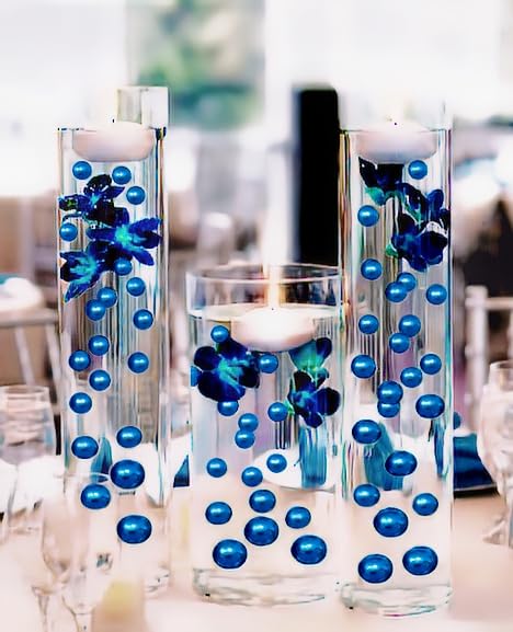 750 Floating Royal Blue & Navy Pearls - Large Size Pearls for Vases with Transparent Water Gel Kit - Creates Stunning Floating Effect - Fills 10 Gallons of Gel - Includes Warm White Submersible LED Lights for Home Decor, Wedding Centerpieces & Spa Relaxation