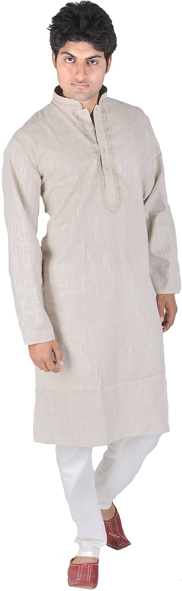 Elegant Embroidered Kurta Pajama Set with Woven Stripes - Traditional Indian Cotton Outfit for Men, Perfect for Festivals, Weddings & Special Occasions