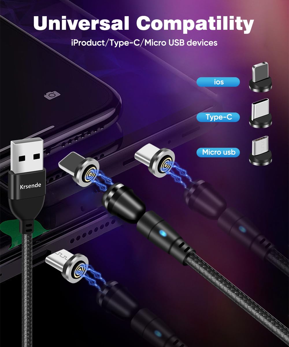Krsende 4-Pack Magnetic Charging Cable [1M 1M 2M 2M] - 3A Fast Charging USB A to USB C Cable with 360°&180° Rotation - 3-in-1 Magnetic Phone Charger for Type C/Micro USB Devices - Perfect for Home, Office & Travel Charging Needs