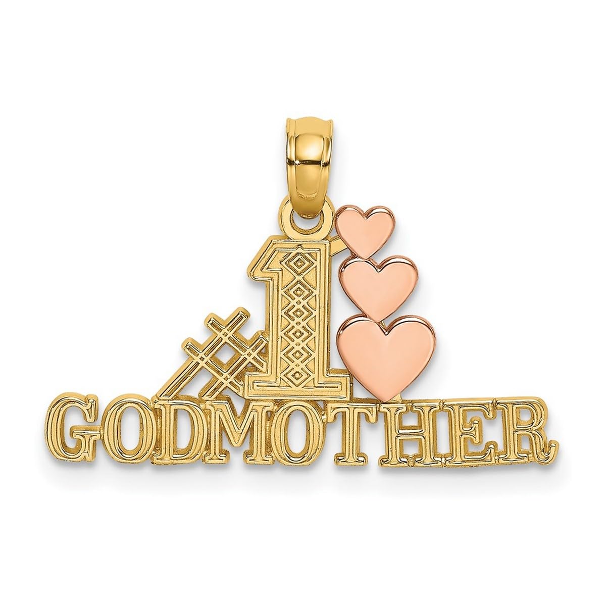 14K Two-Tone Gold Number 1 Godmother Necklace with Three Pink Heart Pendants - Elegant Women's Jewelry Gift for Godmothers, Birthdays & Special Occasions