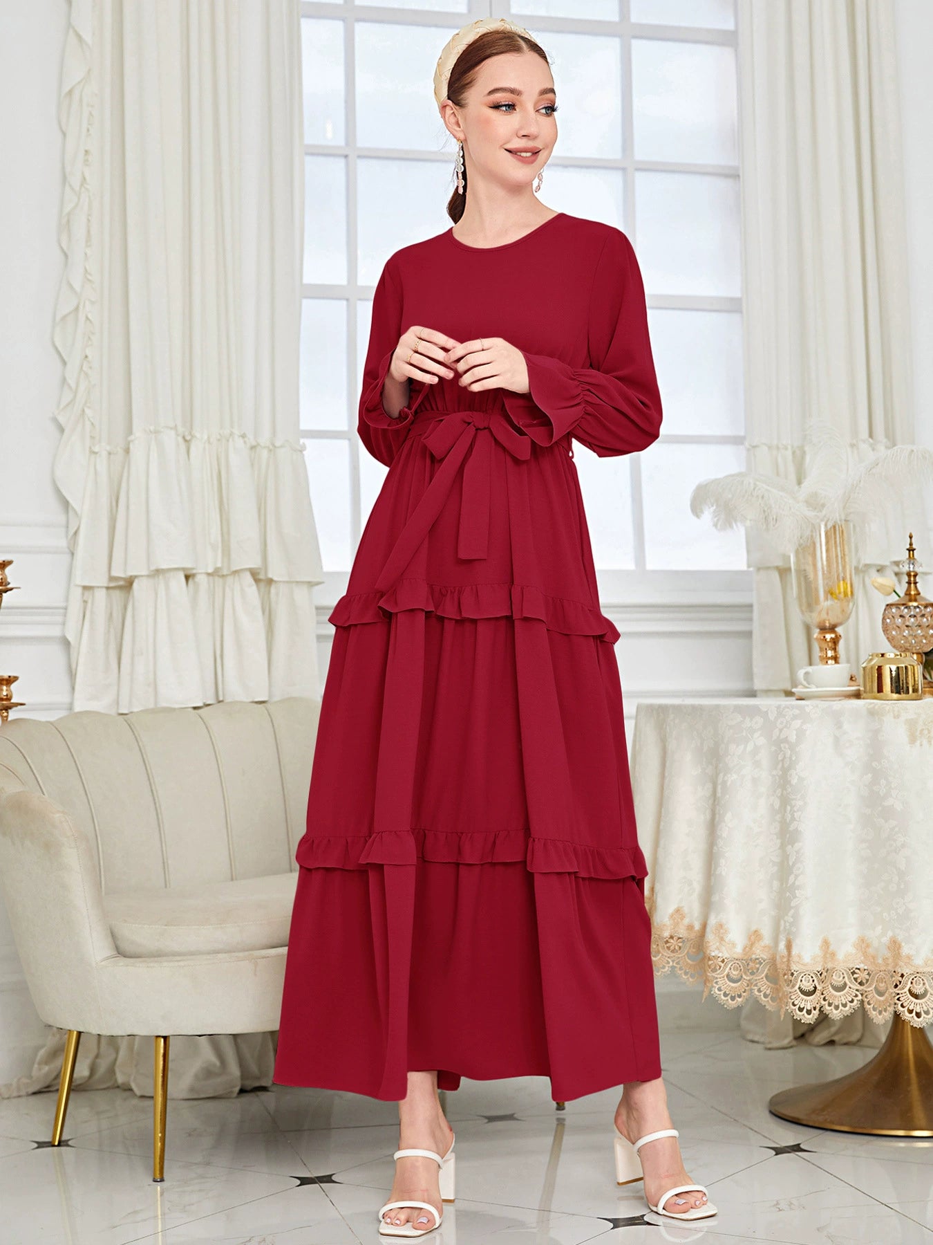 Elegant Solid Color Ruffled Belted Dress for Women - Perfect for Office, Party & Date Night Outfits