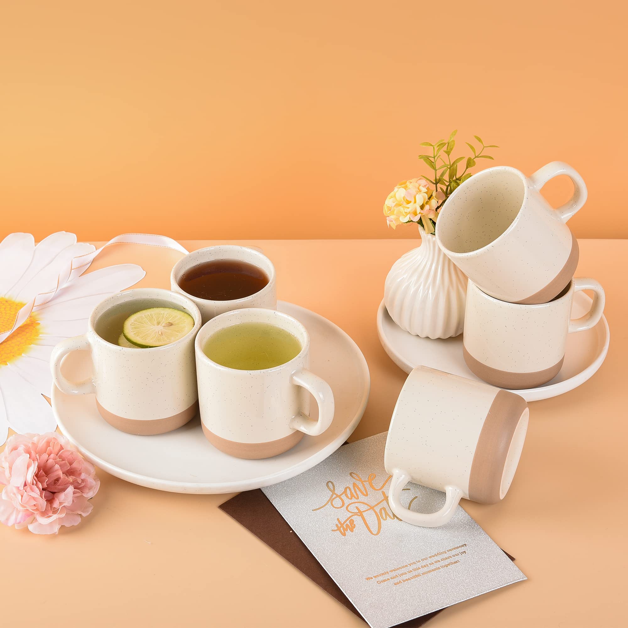 12oz Coffee Mug Set of 6 - Insulated Ceramic Tea Cups with Comfortable Handle for Coffee, Tea, Hot Chocolate & Milk - Perfect for Home, Office, Camping & Gifts