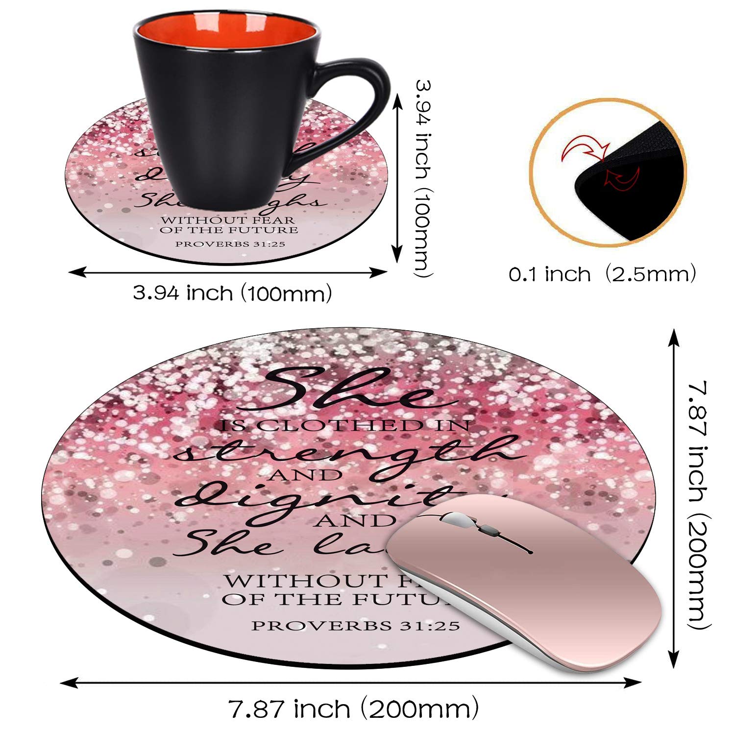 Pink Glitter Christian Bible Verse Proverbs 31:25 Mouse Pad & Coasters Set - Non-Slip Rubber Base for Laptop, Computer Desk - Perfect for Office, Home, Bible Study & Gift Giving