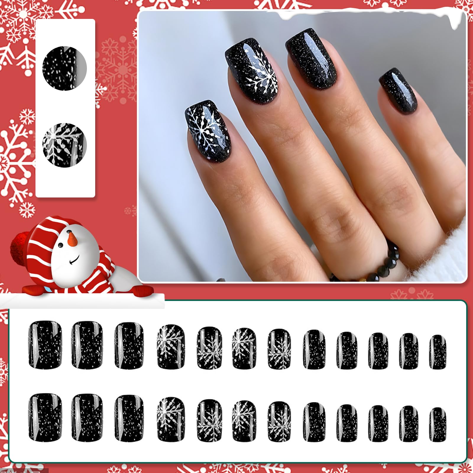 24-Pack Christmas Short Square False Nails - Glossy Black French Tips with Snowflake Designs, Acrylic Press-On Nails for Women & Girls | DIY Manicure, Holiday Parties, Gift Giving, Salon-Quality Nails at Home