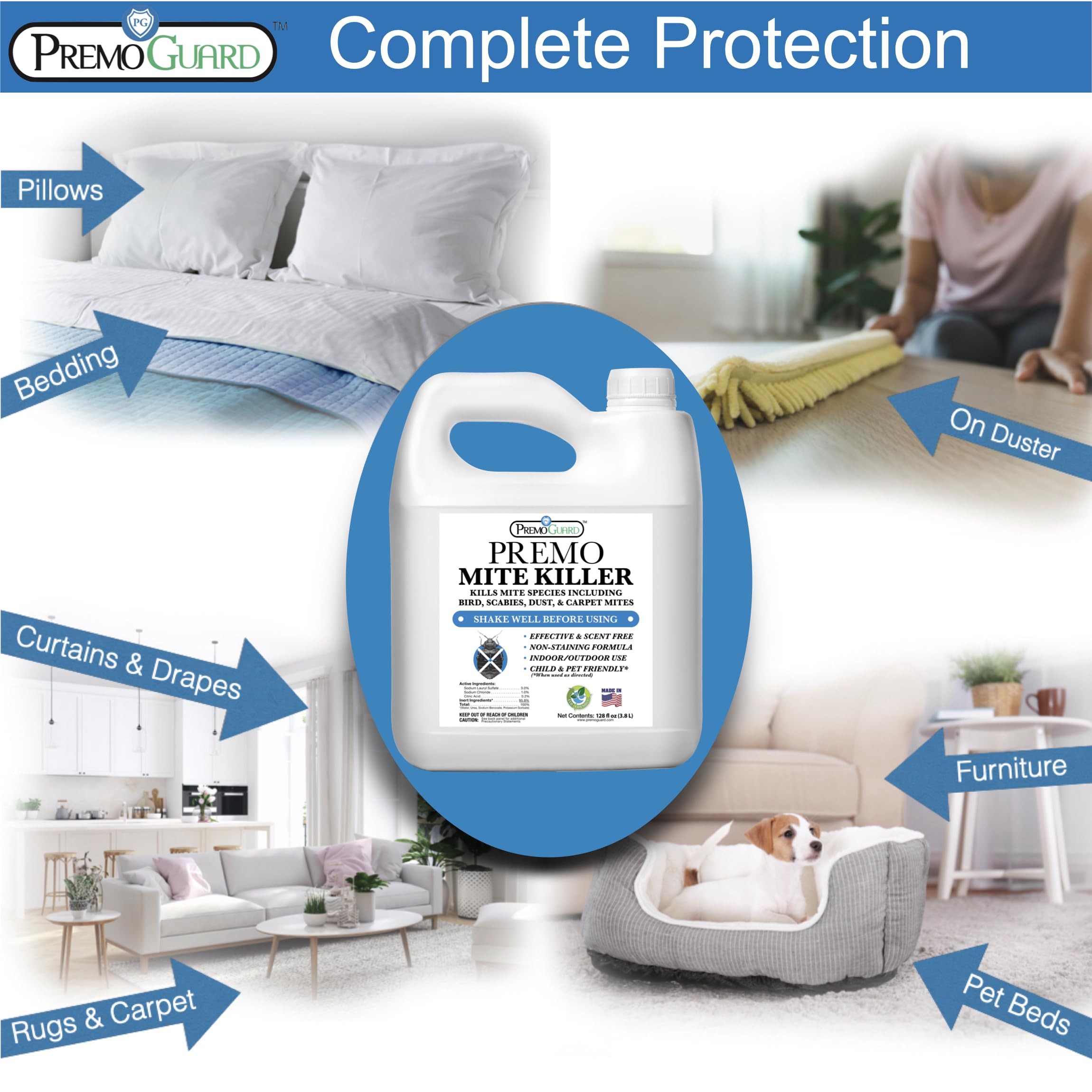 Premo Guard Natural Mite Treatment Spray – 128 oz – Kills Dust Mites, Scabies, Spider Mites, Carpet Mites, Bird Mites & Rodent Mites – Non-Toxic Formula Safe for Kids & Pets – Use on Beds, Mattresses, Furniture & Home Surfaces for Allergy Relief & Pest Control