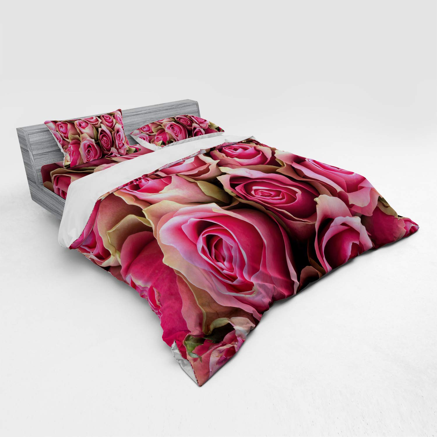 Ambesonne Rose Duvet Cover Set - Blooming Pink Roses Bridal Bouquet Romantic Bedding 4-Piece Set with Shams & Fitted Sheet, King Size in Pale Green & Pink | Perfect for Valentine's Day, Bridal Suite, Master Bedroom Decor & Romantic Gift Idea