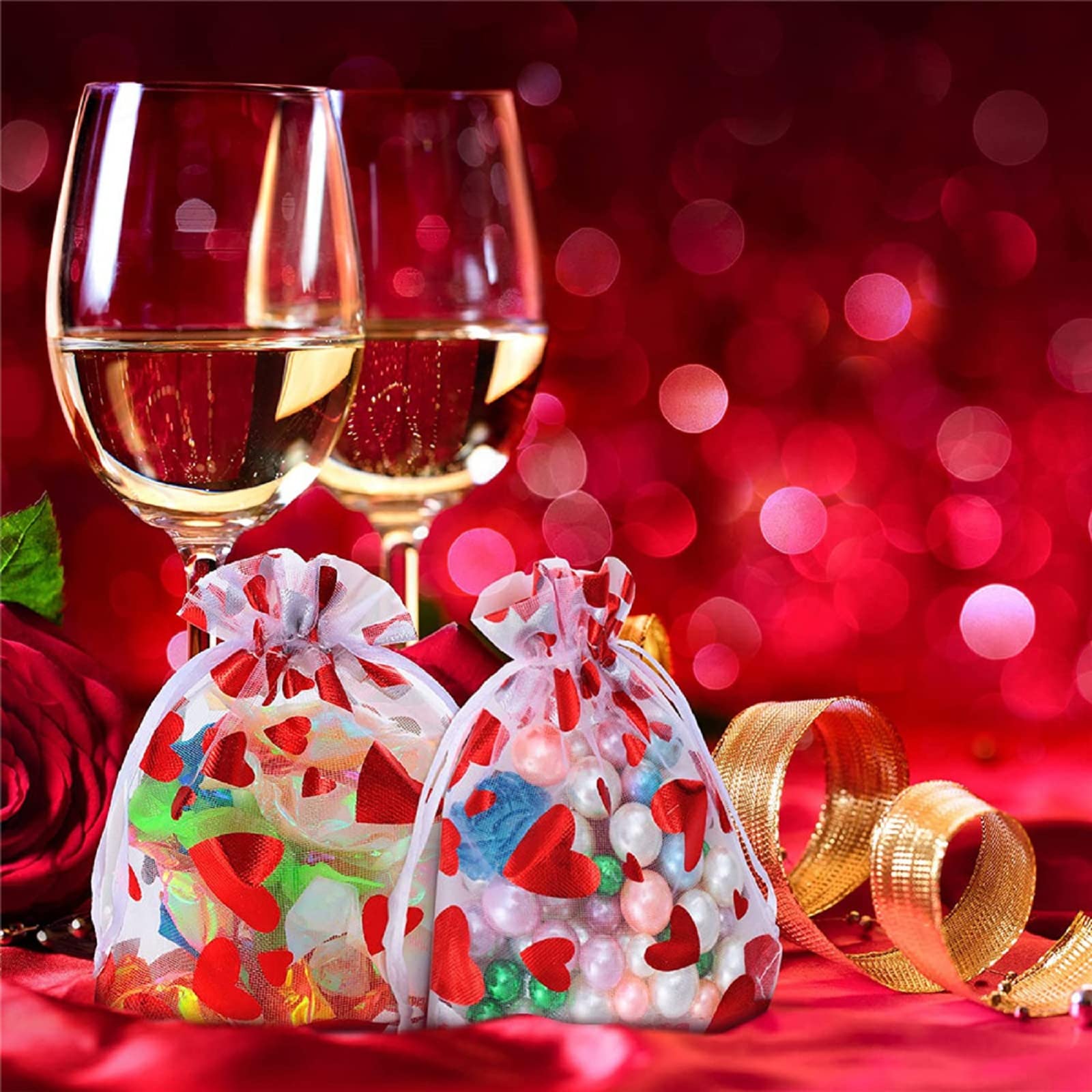 50Pcs Valentine's Day Love Candy Gift Bags - Heart Shaped Wedding Favor Pouches & Jewelry Drawstring Bags for Valentine's Day, Weddings, Anniversaries, Bridal Showers & Party Favors