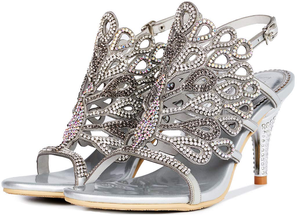 YooPrettyz Women's Rhinestone Peacock Wedding Dress Sandals - Elegant Chunky High Heels for Evening Parties, Prom, Bridal & Special Occasions