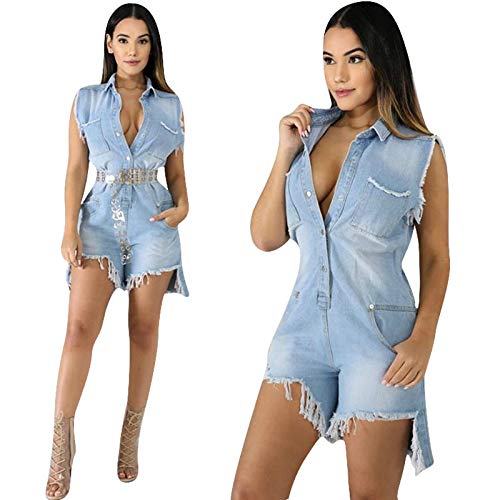 HotHeart Women's Sleeveless Denim Jumpsuit Romper with Lapel & Button Pockets | Sexy Bodycon Shortsuit for Nightclub, Party & Date Night | Fashionable Casual Outfit for Summer