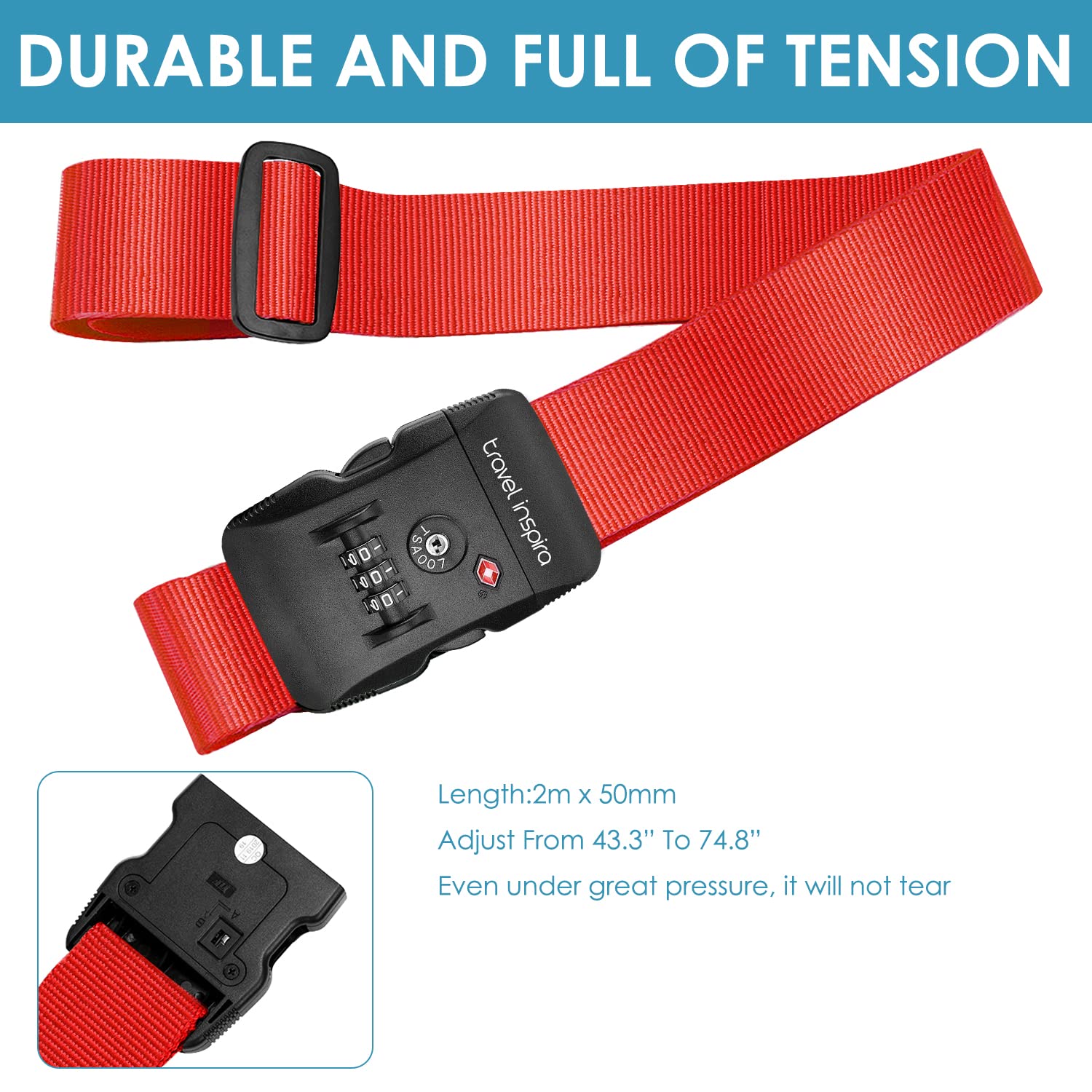 TSA Approved Adjustable Luggage Strap with Combination Lock - Secure & Easy to Use Travel Belt for Suitcases, Backpacks & Bags - Perfect for Air Travel, Vacation & Business Trips (Red)