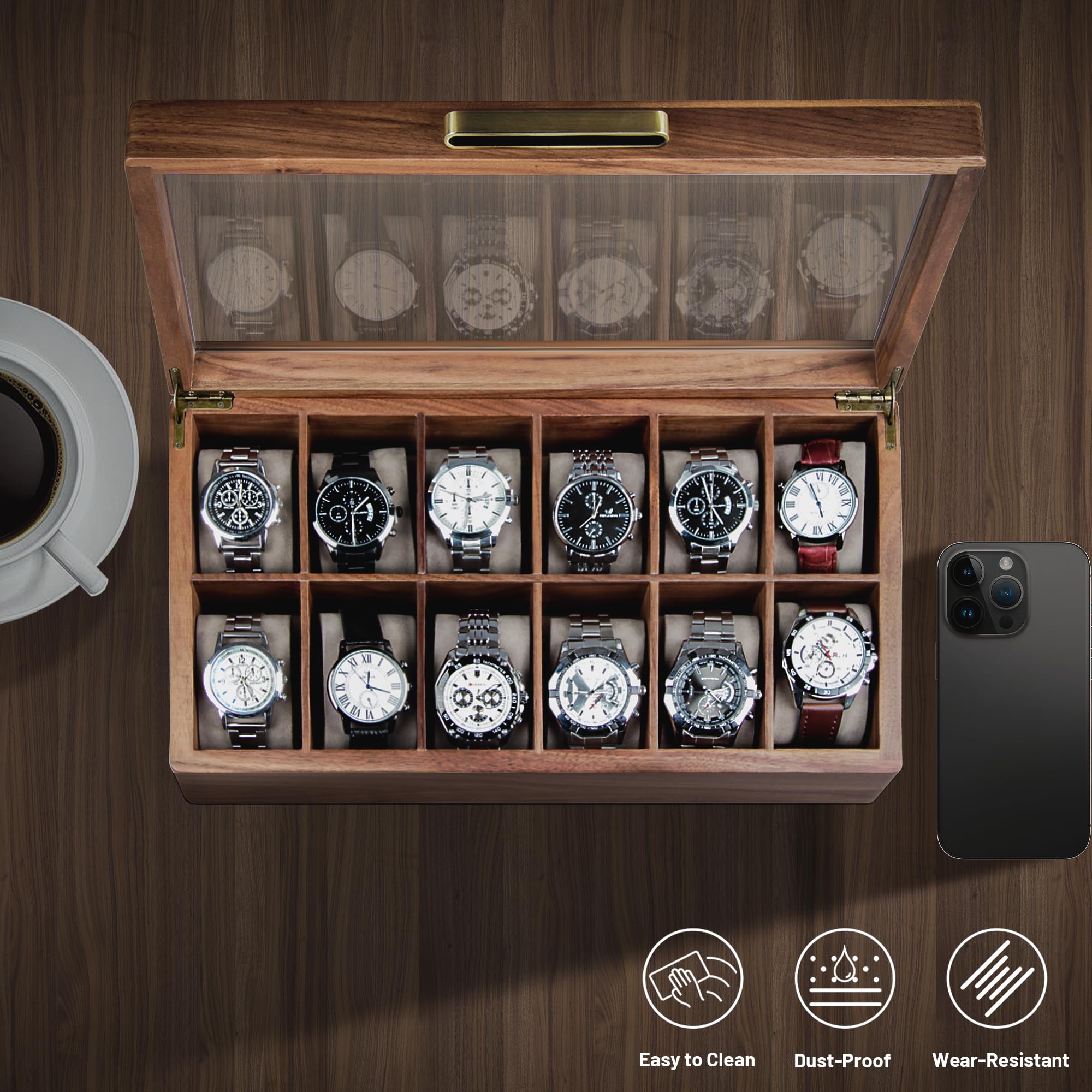 Premium Black Walnut Wood Watch Case for Men - 12-Slot Luxury Watch Box with Glass Lid & Soft Watch Pillows | Elegant Watch Holder, Display Case & Storage Organizer | Perfect for Watch Collectors, Gifts & Home Décor