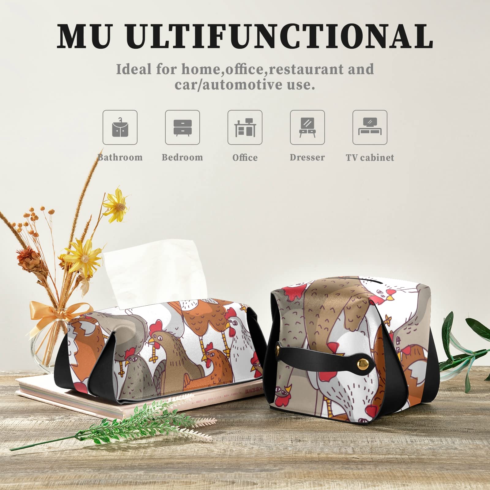 Premium Leather Tissue Box Cover - Brown, White & Orange Chicken Seamless Pattern - 5.7x5.7x5.7 Inch Square Design with Handle for Bathroom, Nightstand, Vanity, Office Desk & Car Decor - Home & Travel Accessory