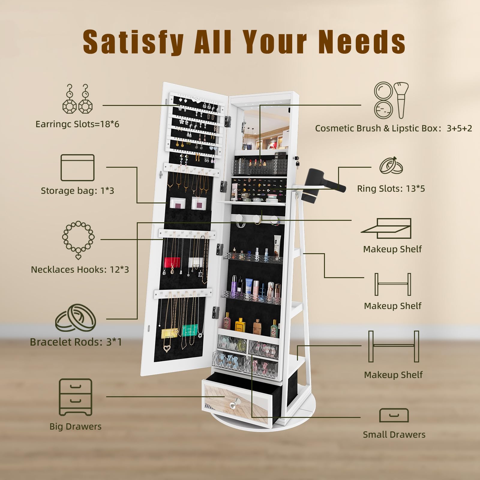 360° Swivel LED Jewelry Armoire with Full-Length Mirror - Foldable Makeup Organizer with Storage Shelves for Women & Girls | Perfect for Bedroom, Dressing Room & Closet Organization