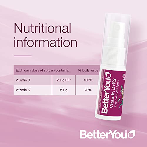 BetterYou Vitamin D + K2 Kids' Daily Oral Spray - Blueberry & Bubblegum Flavor | Immune Support & Bone Health Supplement for Children | Perfect for School, Travel & Active Lifestyles