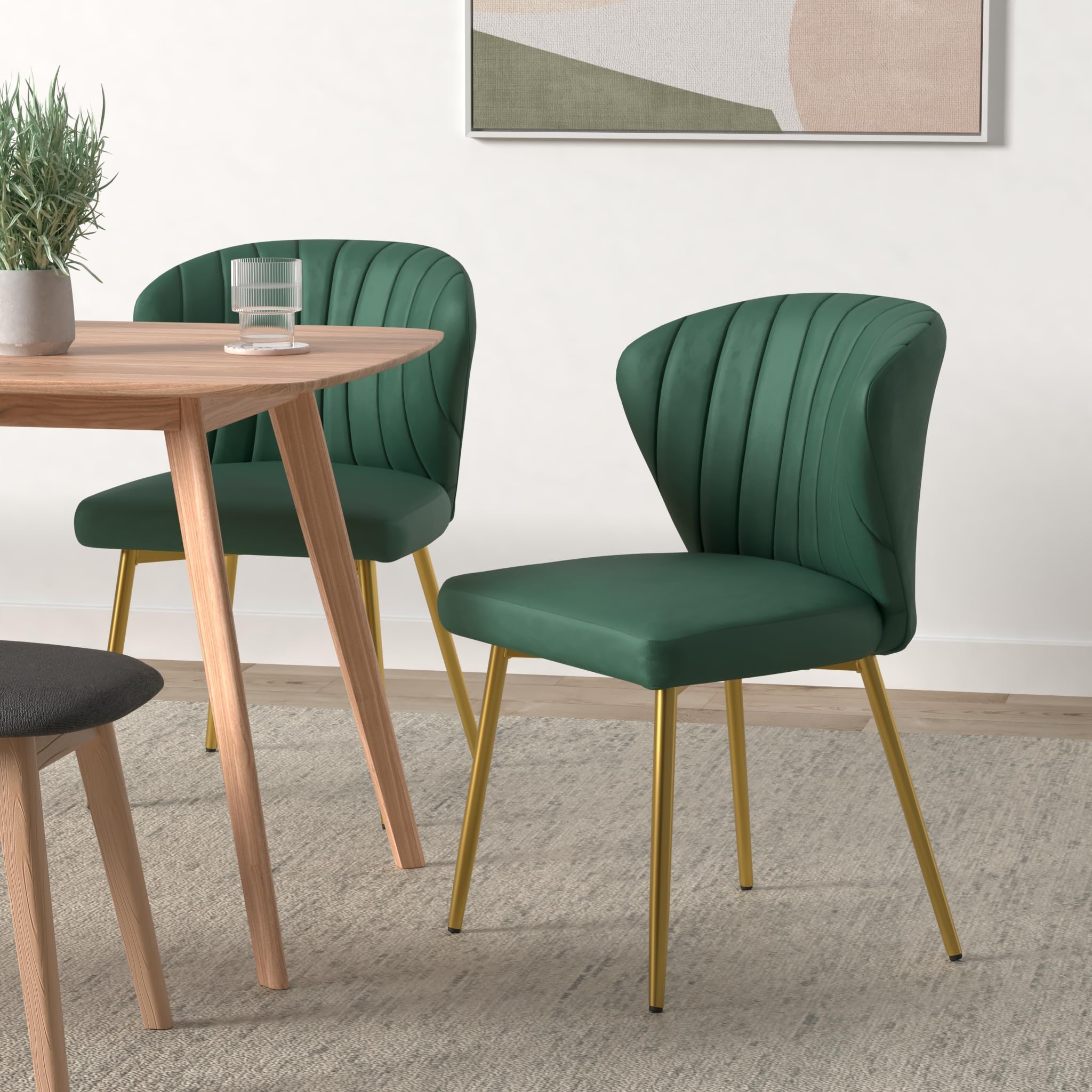 Velvet Dining Chairs Set of 2 - Tufted Upholstered Mid Century Modern Chairs with Golden Metal Legs for Dining Room, Kitchen, Living Room (Green) | Perfect for Home Decor, Dinner Parties & Cozy Gatherings