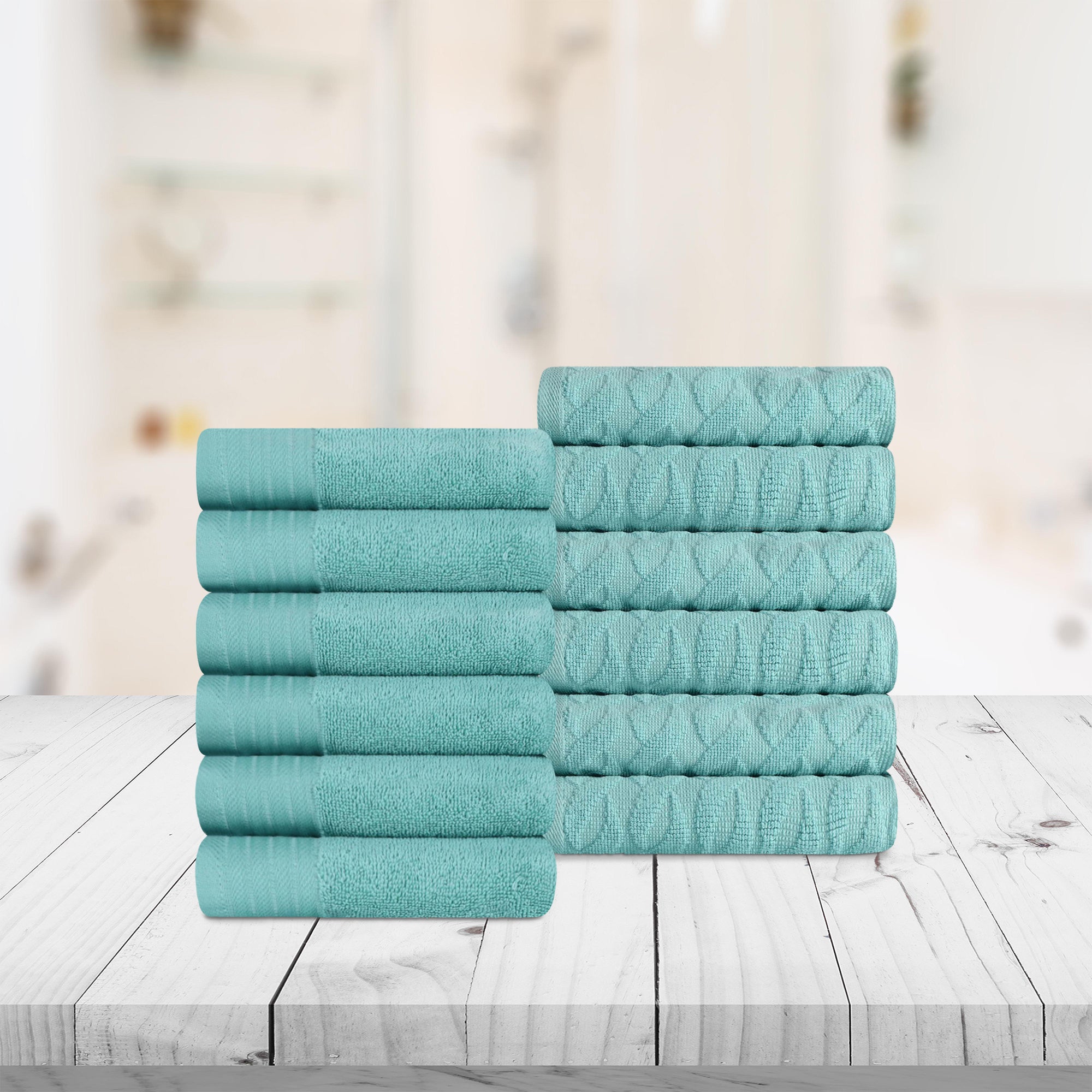 Premium 12-Piece Turkish Cotton Face Towel Set - Jacquard Herringbone & Solid Design | Soft Bath Towels for Spa, Gym, Travel & Luxury Home Use