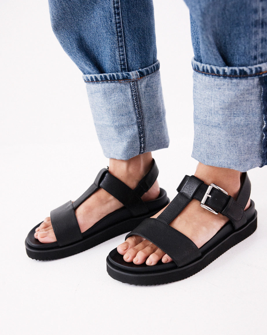 Declaration 2.0 Leather T-Bar Wedge Sandals in Black | Women's Comfortable Chunky Heel Shoes for Work, Party & Everyday Wear