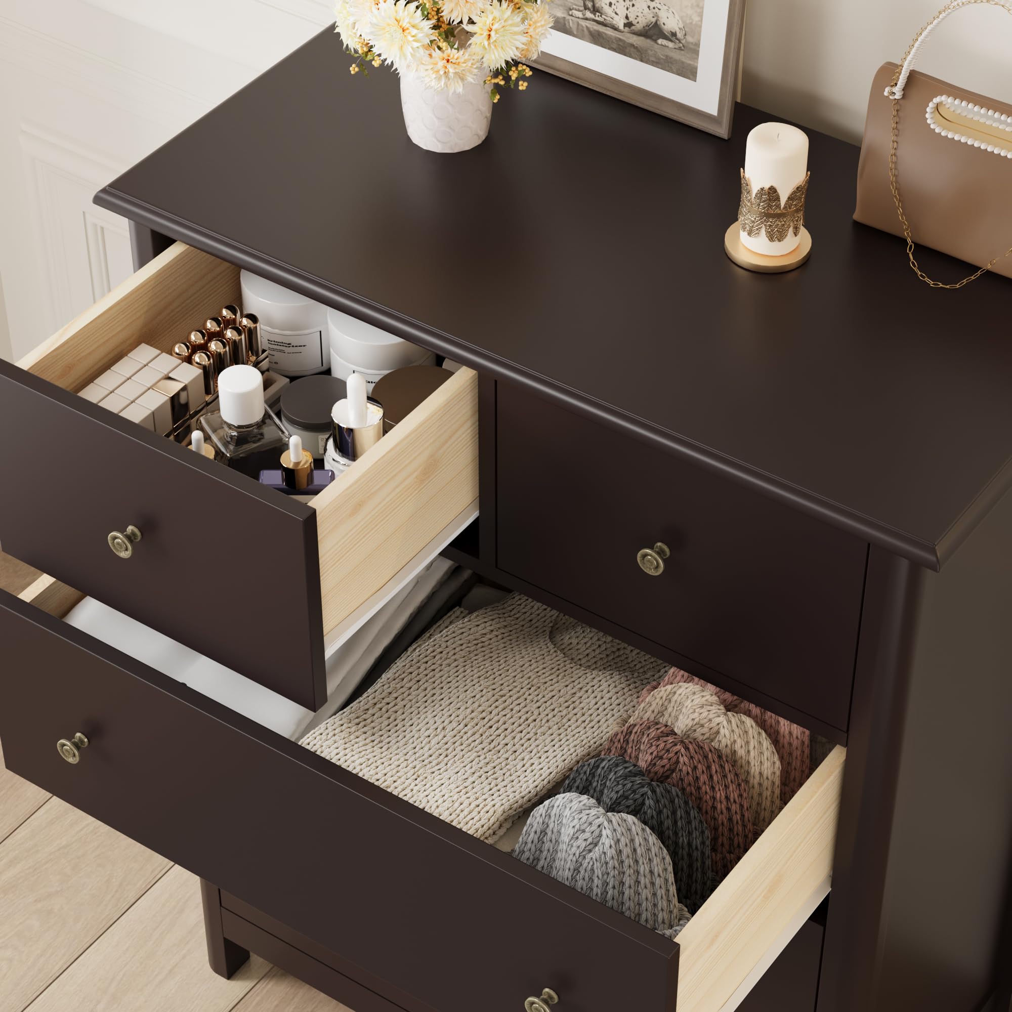 5-Drawer Tall Dresser - Deep Storage Wood Cabinet for Bedroom & Office