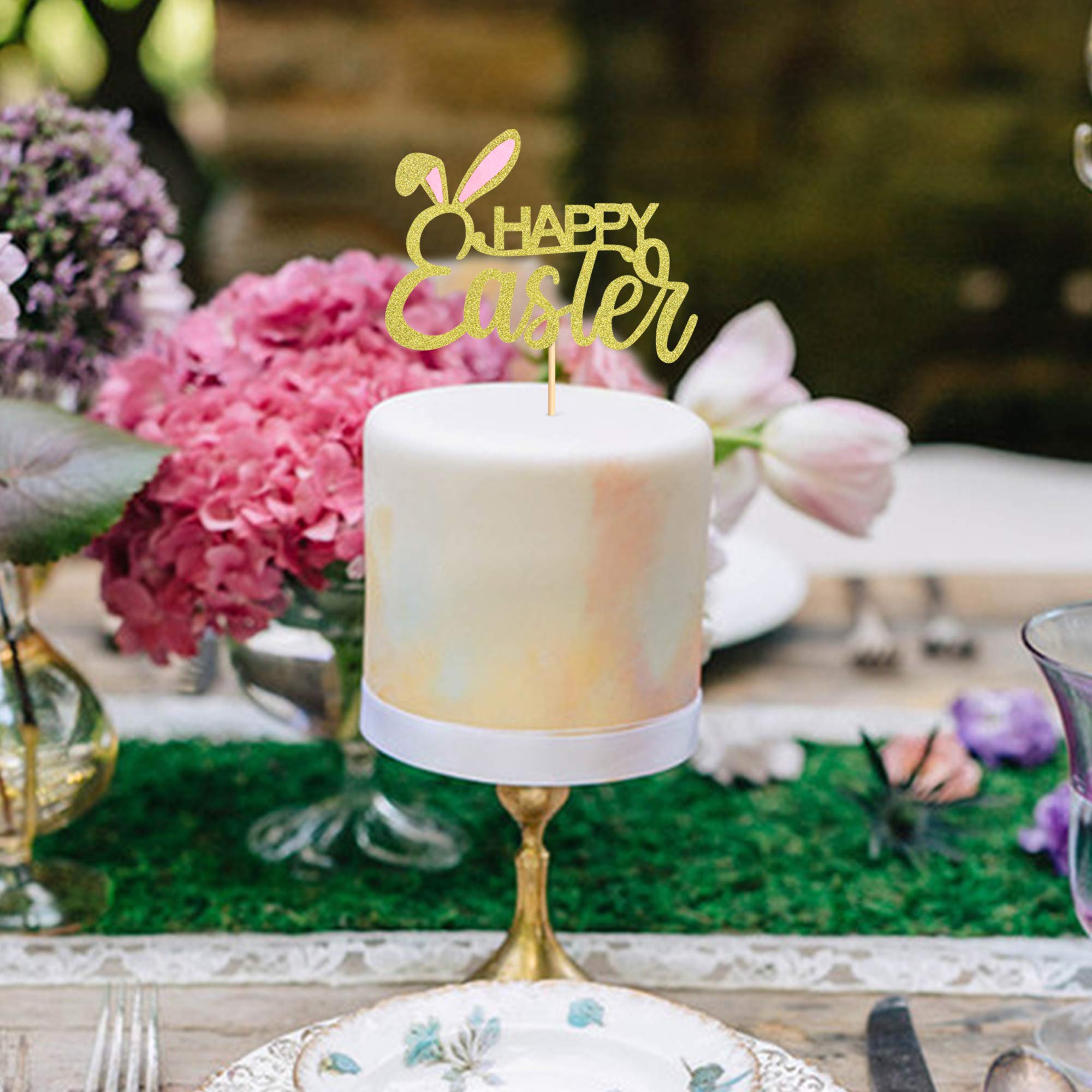 Happy Easter Cake Topper - 1 Pack Bunny Ear Gold Glitter Cake Picks for Easter Theme Party Decorations | Perfect for Easter Cakes, Cupcakes, Desserts & Holiday Celebrations
