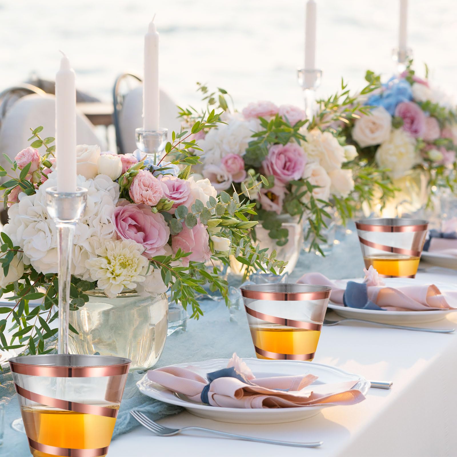 Gejoy 9 oz Disposable Plastic Wine Cups - Elegant Rose Gold Rimmed Swirl Tumblers for Wedding, Engagement & Party Supplies | Perfect for Cocktails, Champagne & Beverages at Celebrations