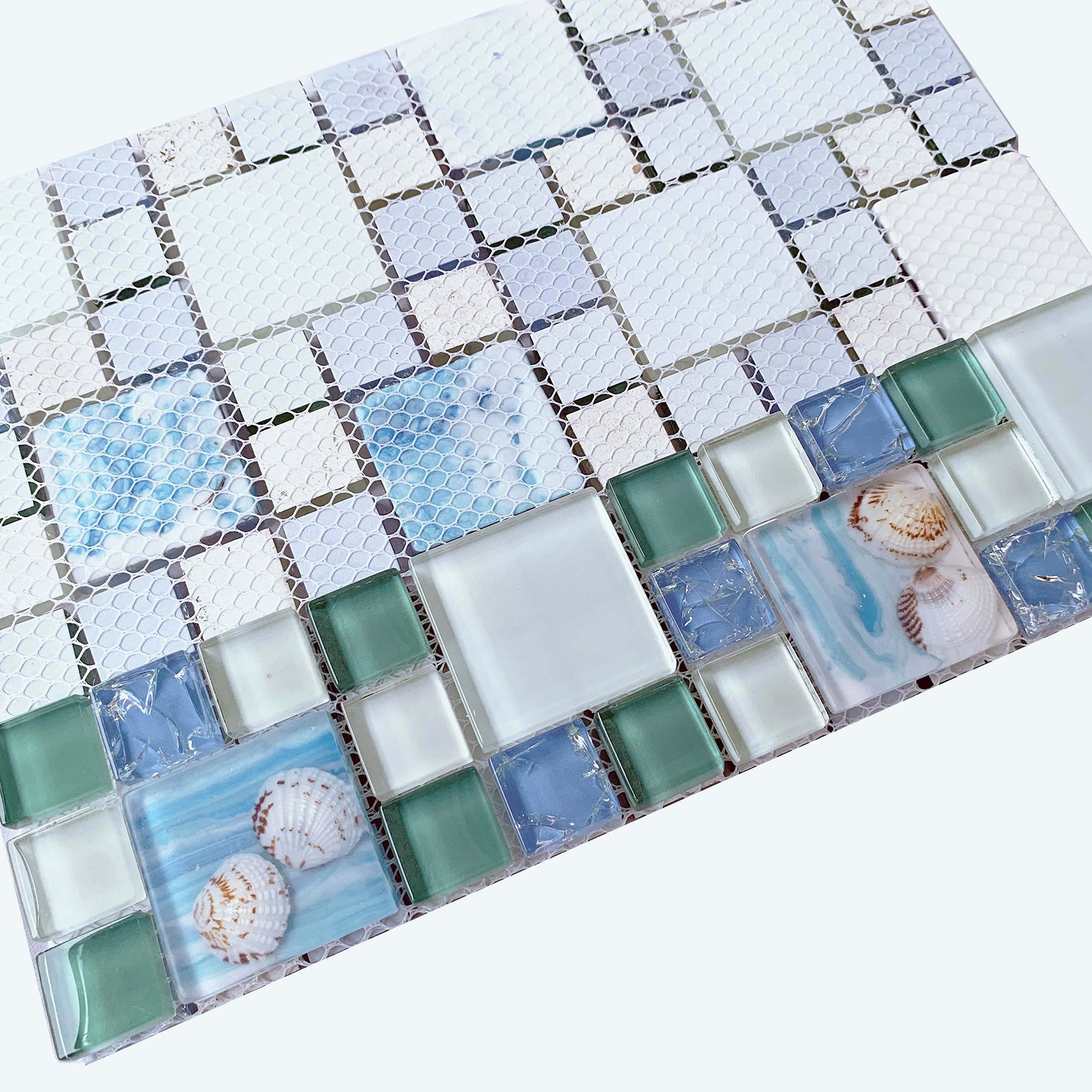 Glossy Glass Beachy Backsplash Tile - Ice Crack Blue Mosaic Resin with Shell & Starfish - Waterproof Bathroom Floor and Wall Tiles (5 Sq Ft) - Perfect for Coastal Style Bathrooms, Kitchen Backsplashes & Shower Walls