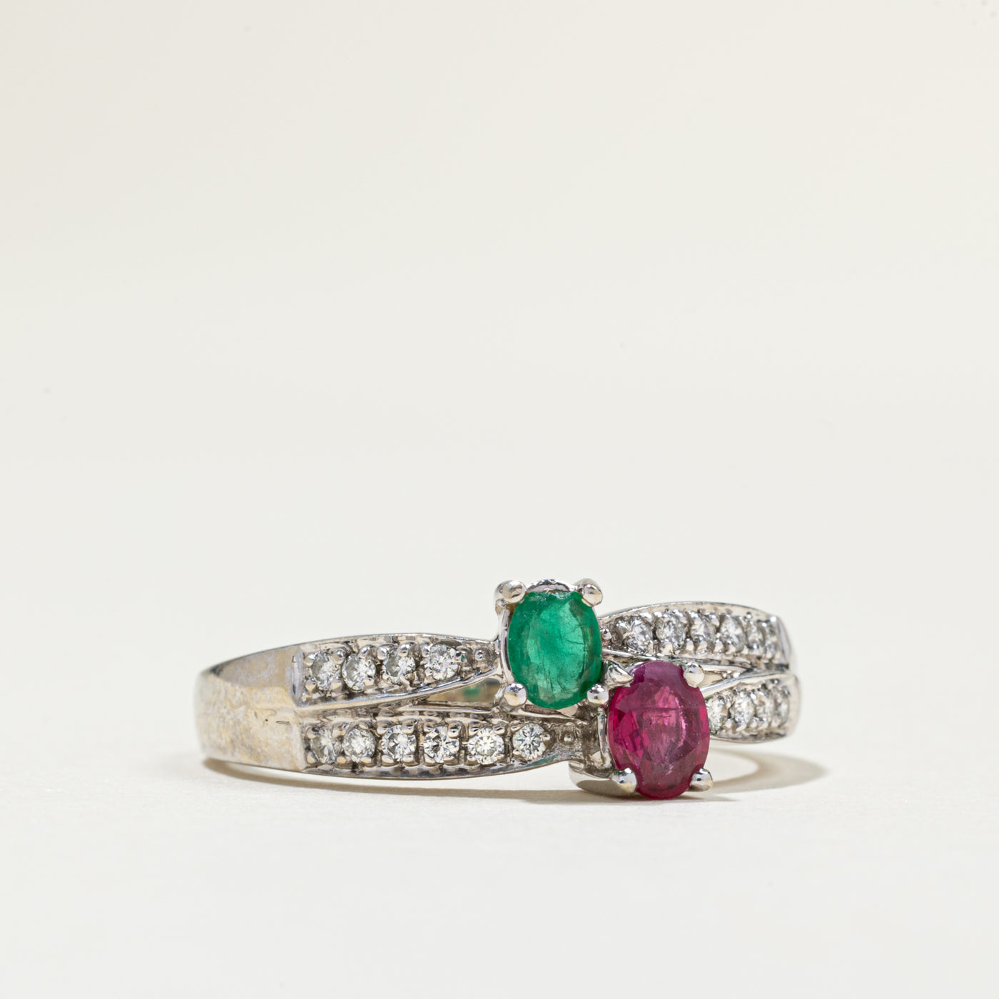 Toi et Moi Emerald Ruby Diamond Ring - 0.24ct Emerald, 0.10ct Ruby & 0.18ctw Diamonds - Size 7.5 - Elegant Engagement, Anniversary or Gift Jewelry for Women