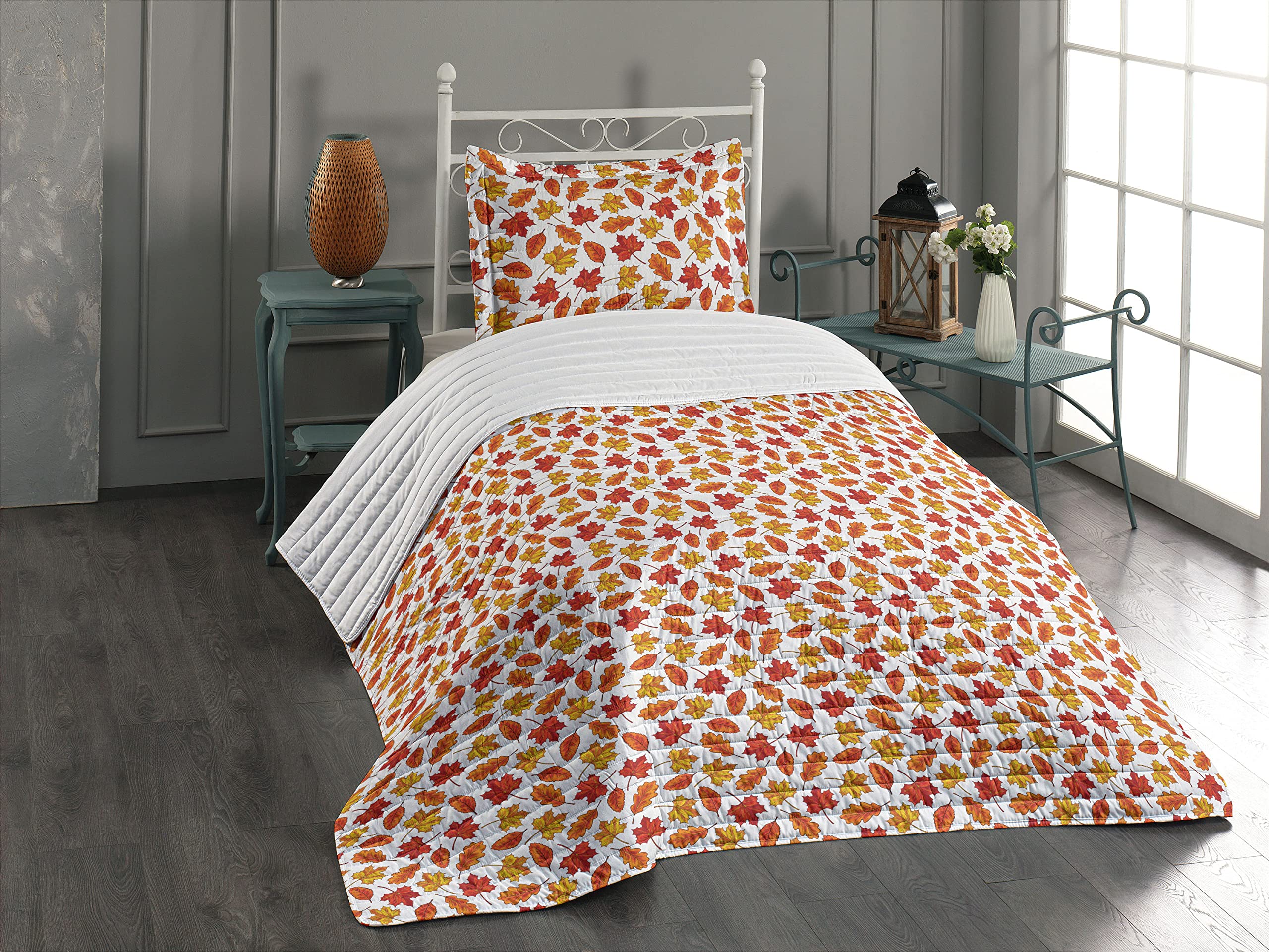 Ambesonne Maple Leaf Microfiber Bedspread Set - Eco-Friendly Forest Silhouette Autumn Leaves Design, Soft Twin Size Bedding with Pillow Sham & Comforter in White Burgundy Yellow | Perfect for Fall Season Home Decor & Cozy Bedroom Makeover