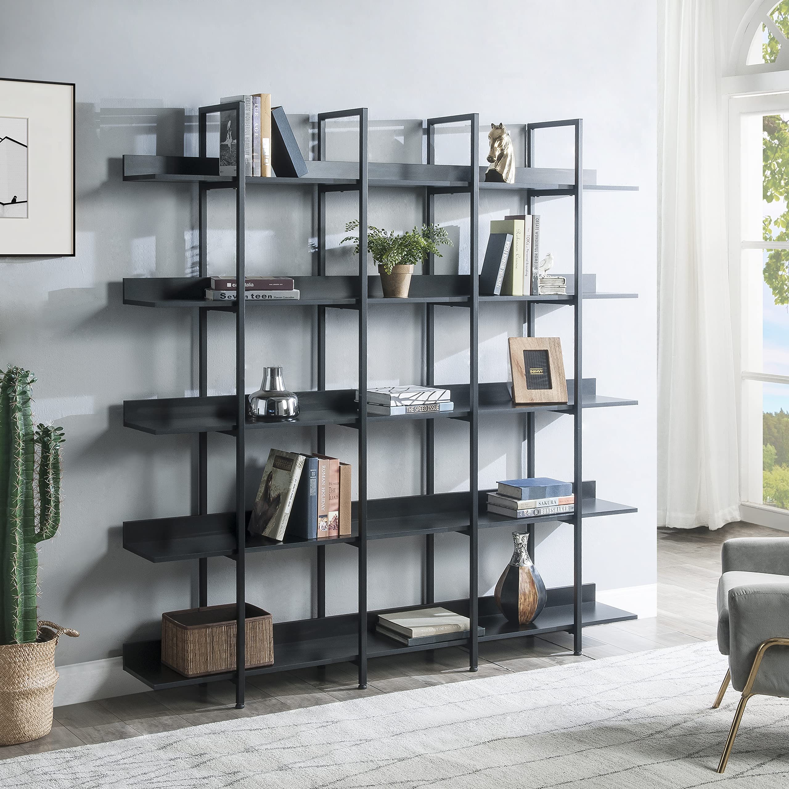 Merax 5-Tier Open Bookcase - Vintage Industrial Style Bookshelf with Metal Frame & MDF Board for Home Office, Living Room, Bedroom (Black, 70.87 Inches) - Perfect for Organizing Books, Decor & Storage