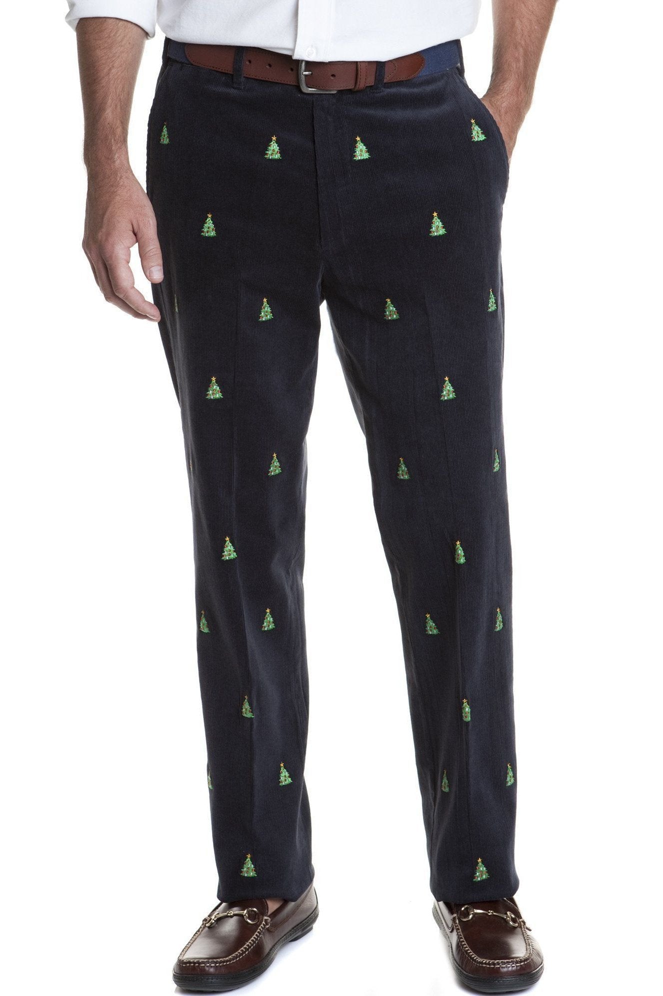 Beachcomber Corduroy Pants for Men - Nantucket Navy with Christmas Tree Print - Comfortable Casual Trousers for Holiday Parties & Winter Vacations