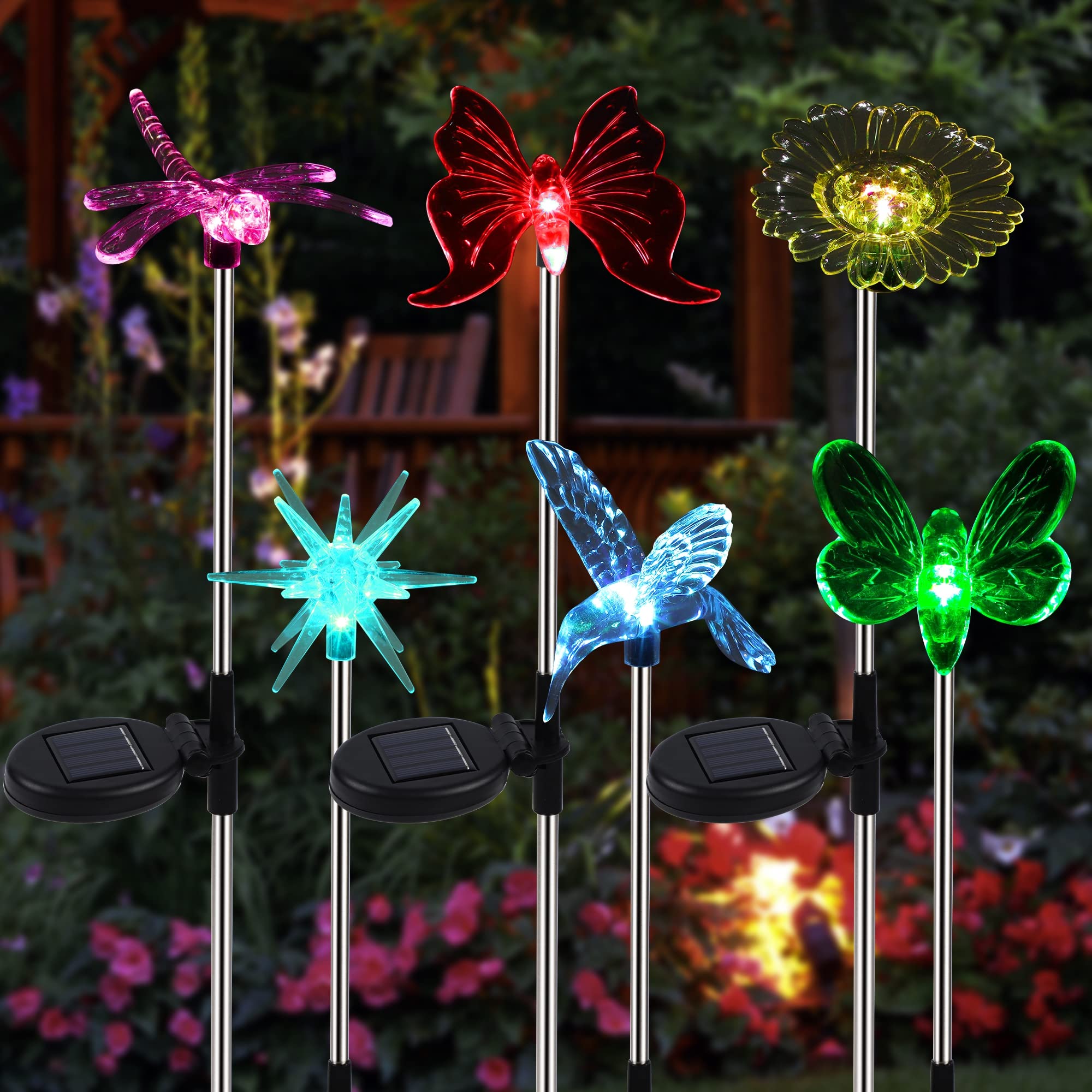 Glintoper 6 Pack Solar Garden Stake Lights Outdoor - Color Changing LED Landscape Lighting with Butterfly, Hummingbird, Dragonfly & Bee Designs for Patio, Yard, Pathway - Perfect for Garden Decor, Walkway Illumination & Outdoor Parties
