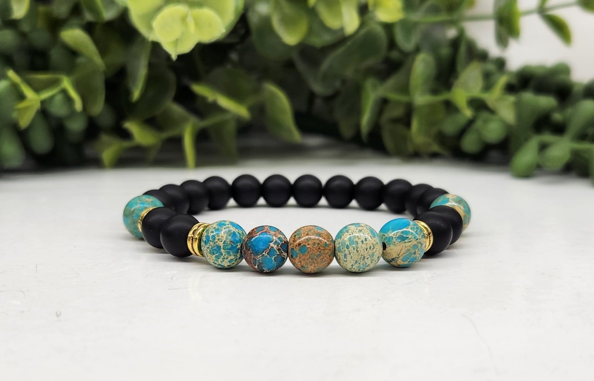 Ocean Blue Jasper & Black Matte Obsidian Beaded Bracelet for Calmness & Confidence | Stress Relief, Meditation & Spiritual Healing Jewelry