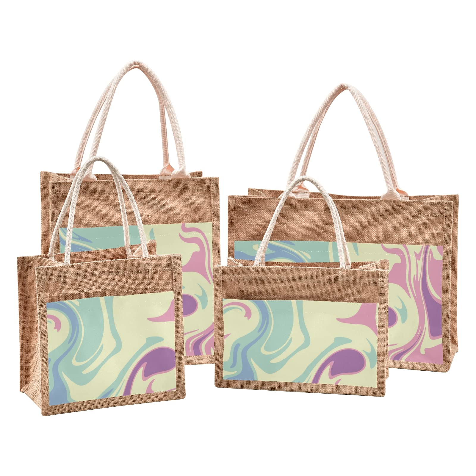 Eco-Friendly Jute Tote Bag - Abstract Teal & Pink Design, 4 Sizes Reusable Shopping Bag with Sturdy Handles | Perfect for Beach, Grocery Shopping & Farmers Market | Sustainable Cotton Alternative