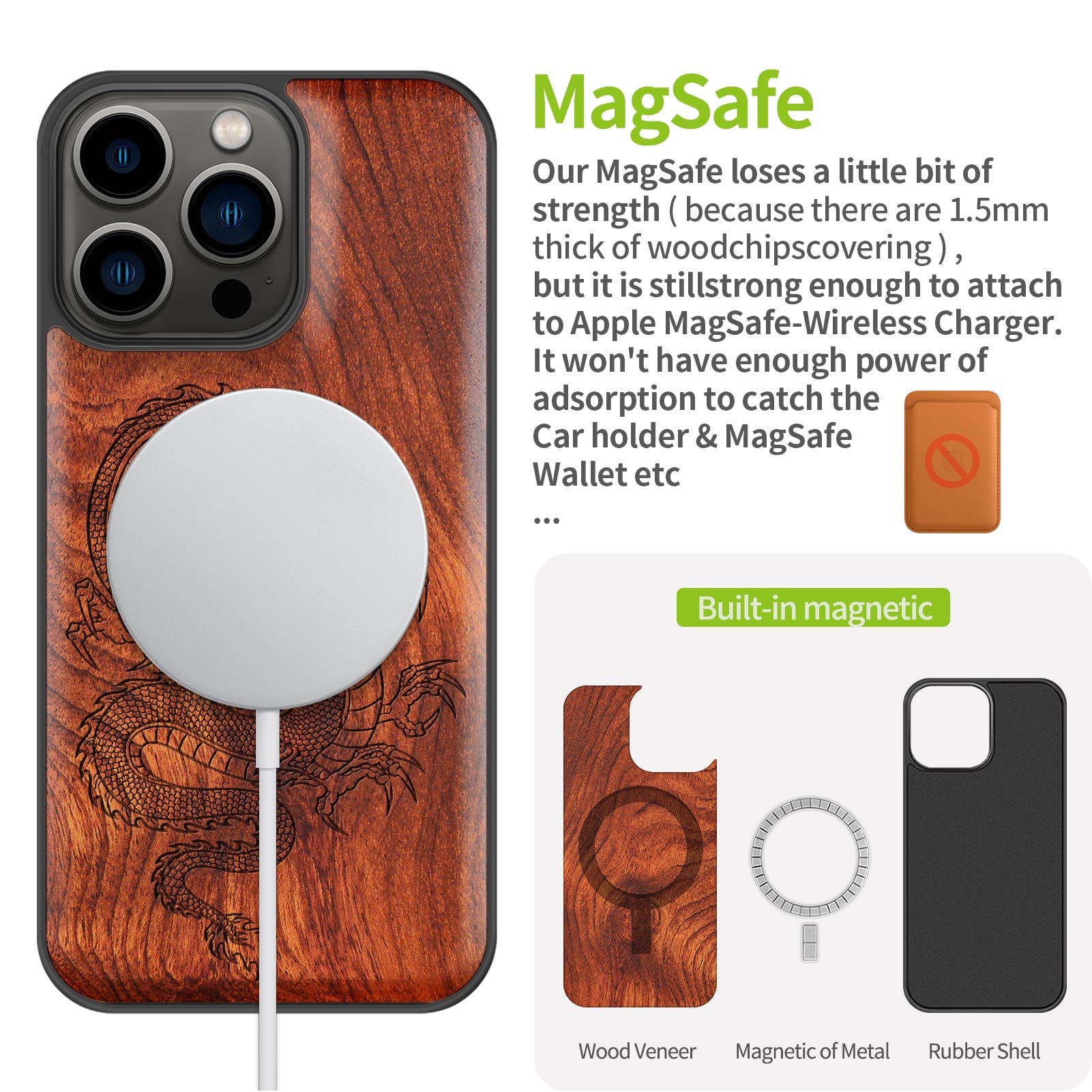 Premium Magnetic Wooden Case for iPhone 13 Pro - Hard Real Wood & Soft TPU Hybrid Shockproof Cover with MagSafe Compatibility - Chinese Dragon Carved Red Wood Protective Phone Case - Perfect for Business, Travel and Everyday Use