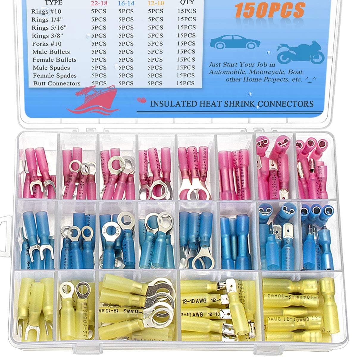 150PCS Heat Shrink Wire Connectors Kit - Waterproof Crimp Connectors for Automotive, Marine & Electrical Wiring | Ring, Fork, Spade, Bullet & Butt Terminals | DIY Car Repair, Boat Wiring & Home Electrical Projects