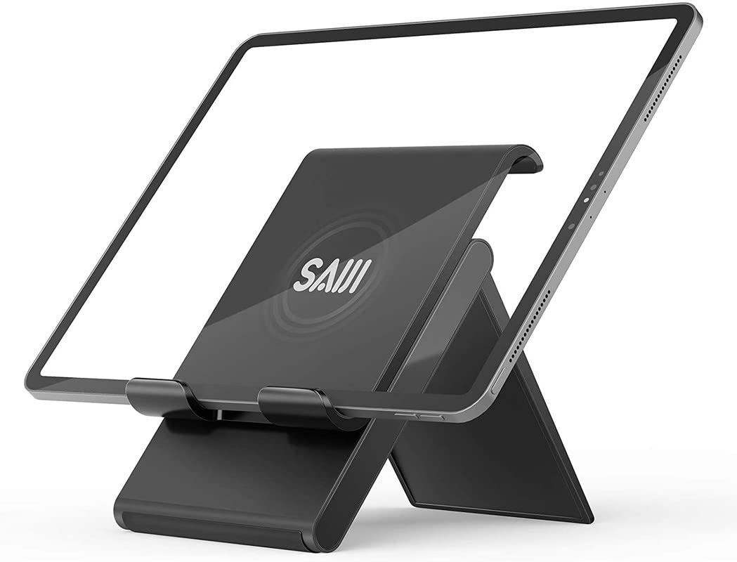 SAIJI Adjustable Tablet Stand Holder - Portable & Foldable Desktop Stand Dock for iPad, iPhone, Nintendo Switch, Samsung Galaxy & Kindle Fire - Black | Perfect for Home, Office & Travel Use
