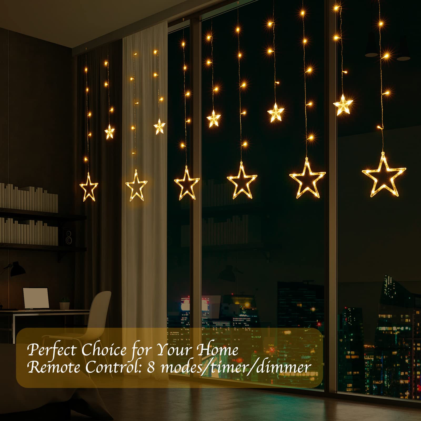 138 LED Star Curtain Fairy Lights - 9ft Plug-in Connectable Twinkle Lights with 12 Star Drops & Remote (8 Lighting Modes) - Warm White Indoor Christmas, Ramadan, Bedroom, Window Decorations - Perfect for Holiday Parties, Wedding Backdrops & Cozy Home Ambiance