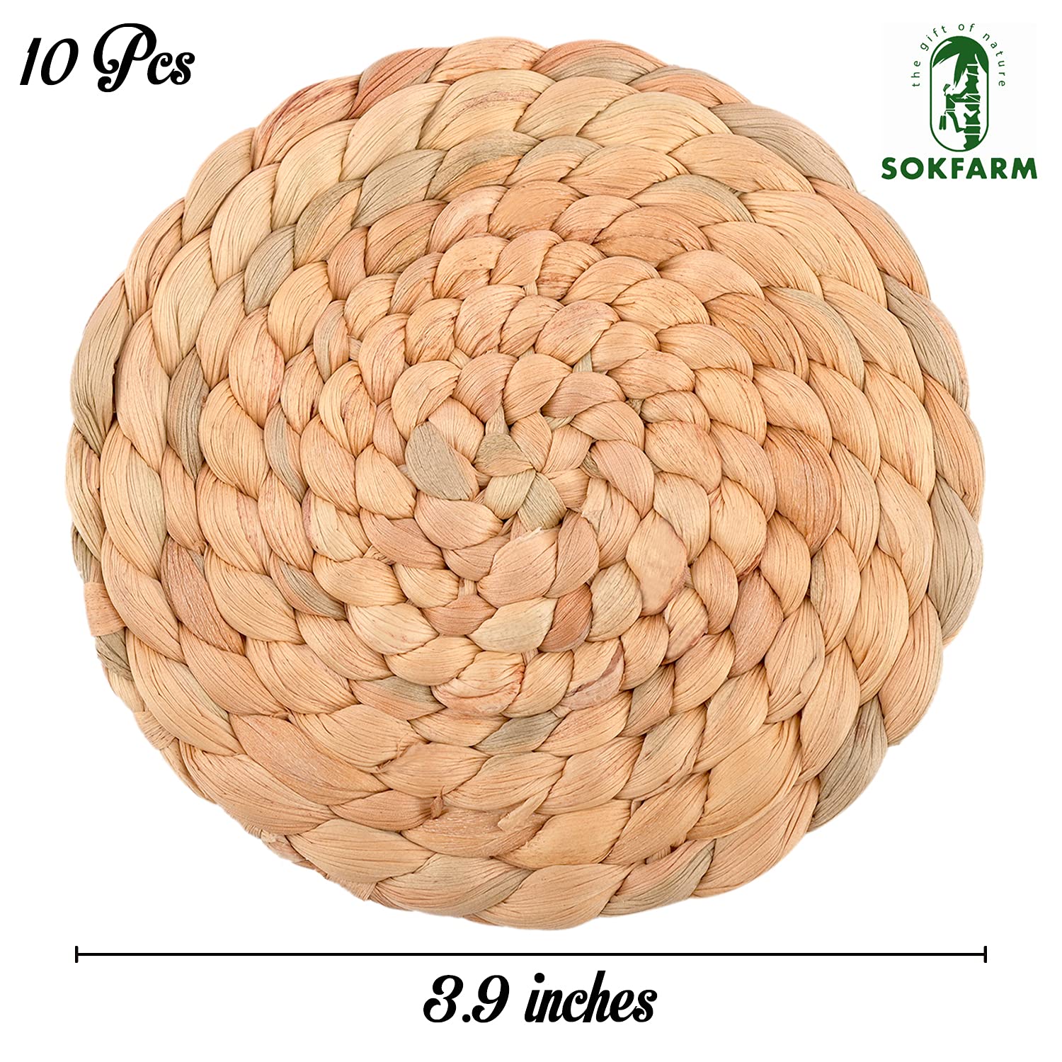 Natural Seagrass Drink Coasters Set of 10 - Eco-Friendly Cup Coasters for Coffee Table, Boho Home Decor, Western Style Living Room Accents - Perfect for Hot & Cold Beverages, Dinner Parties, and Rustic Home Styling