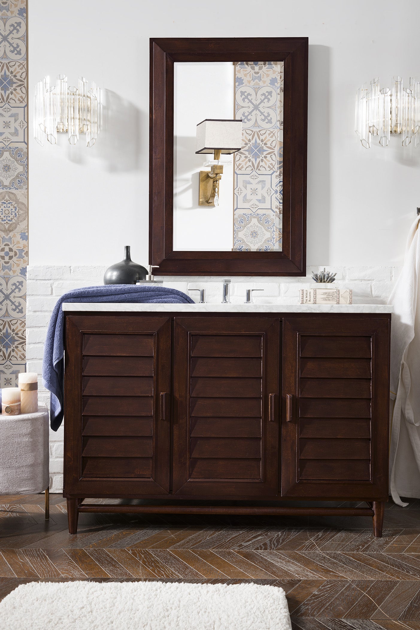 Portland 48 Inch Single Bathroom Vanity with Burnished Mahogany Finish & 3CM Carrara Marble Top - Perfect for Modern Master Bathroom or Guest Bathroom Renovation