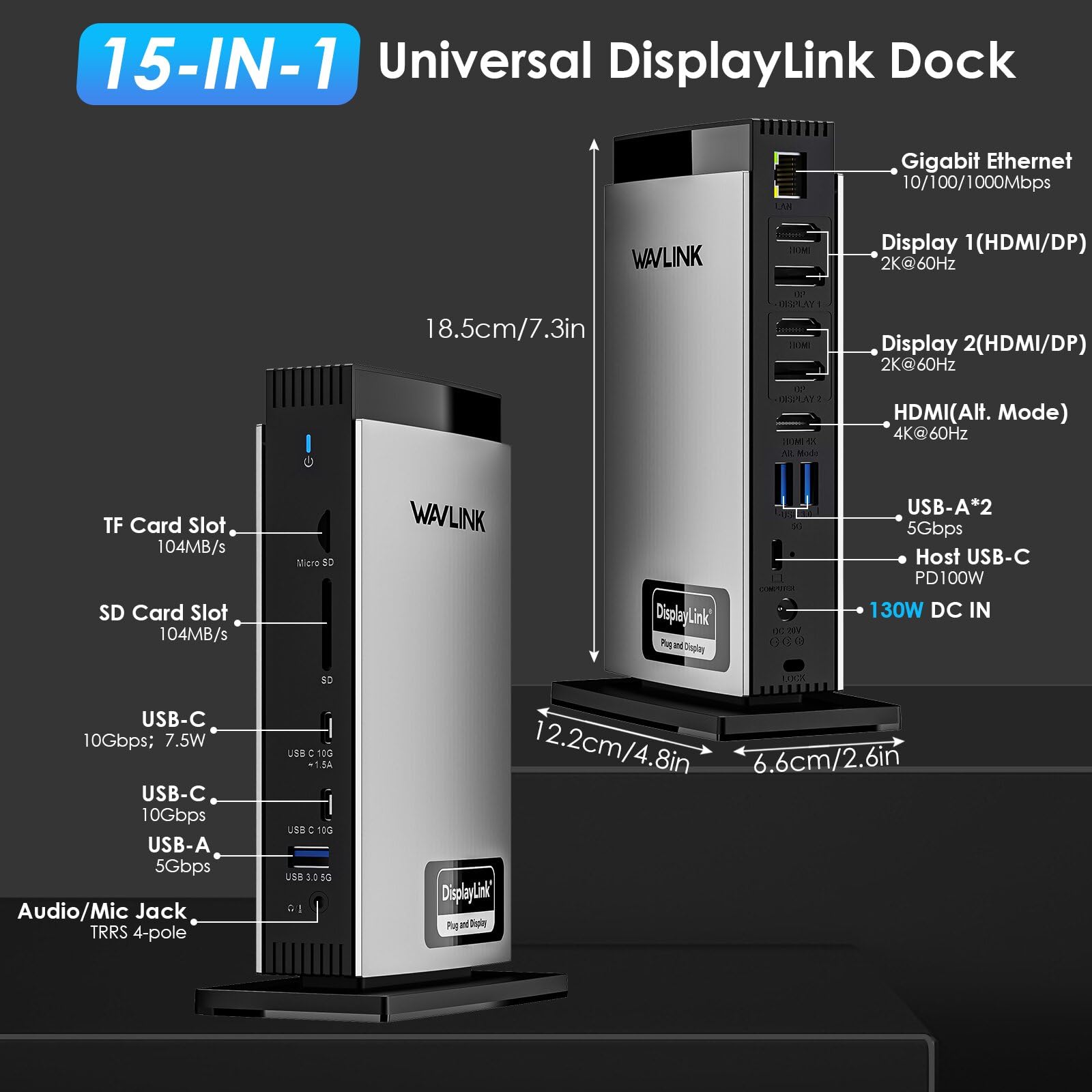 WAVLINK 15-in-1 USB C Docking Station with Triple 4K HDMI & Dual 2K DisplayPort - 100W PD Charging for MacBook M1/M2/M3 & Windows Laptops - 5 USB Ports, Ethernet, SD/TF Card Reader - Perfect for Home Office, Gaming & Multi-Monitor Workstations